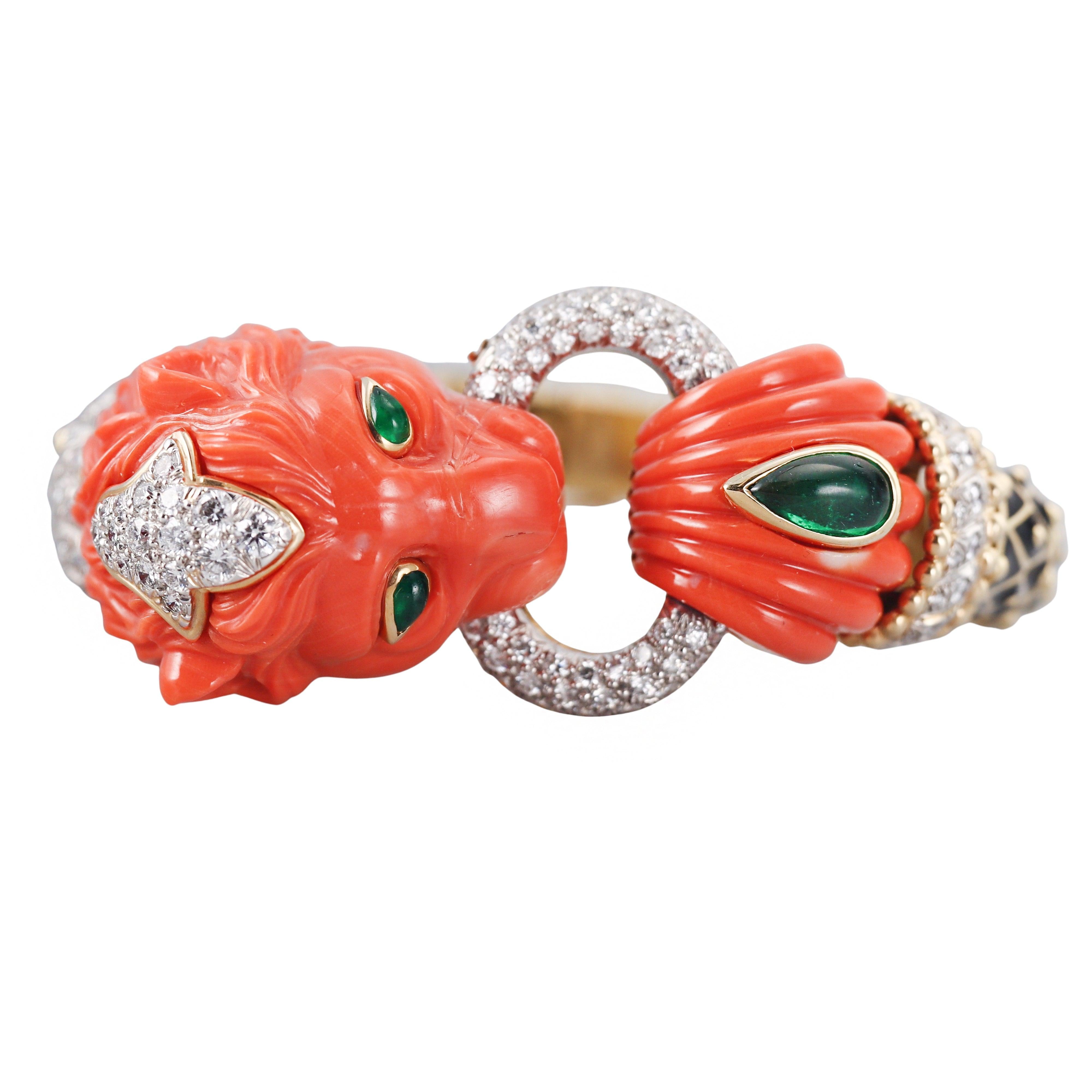 David Webb Diamond Coral Emerald Enamel Gold Platinum Lion Bracelet