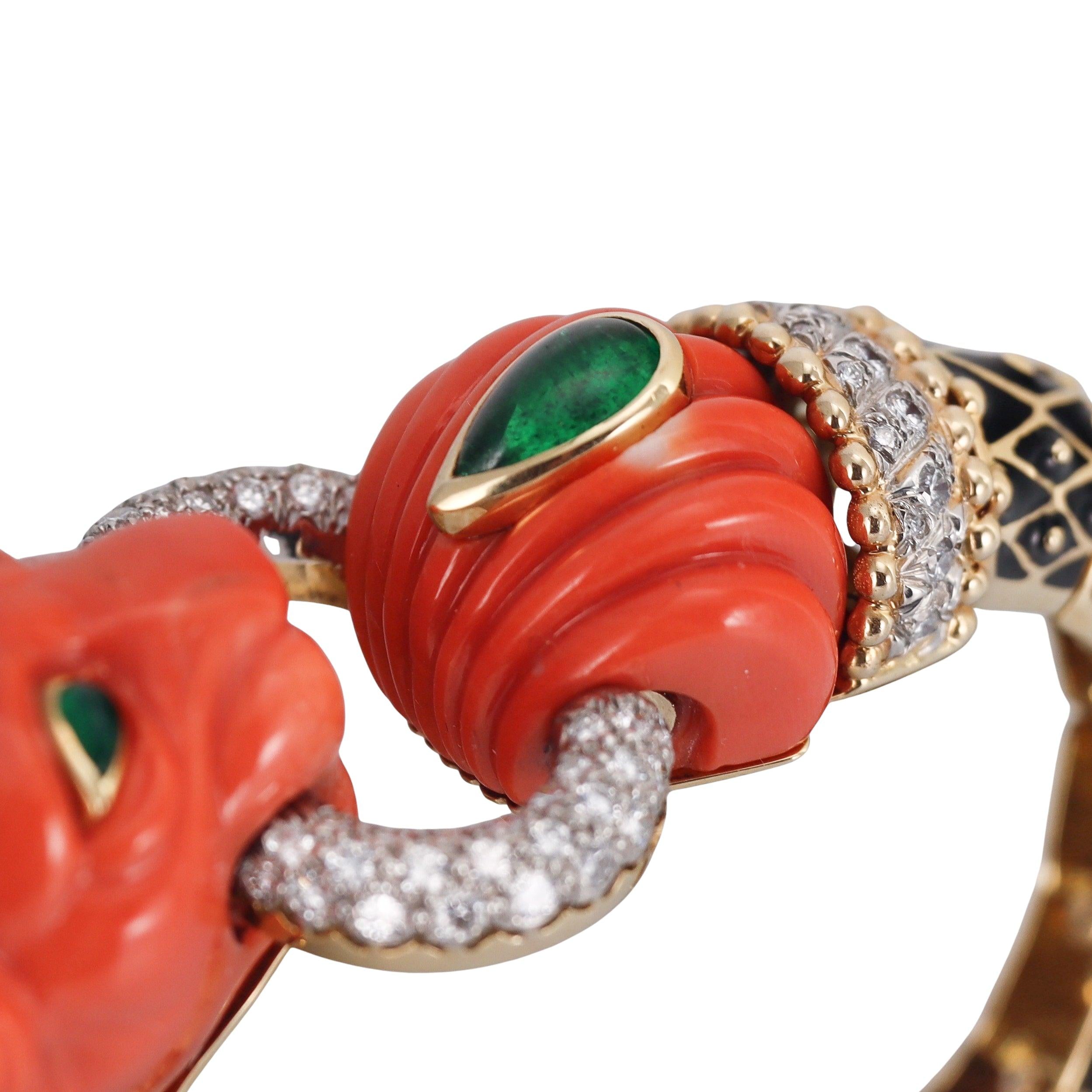 David Webb Diamond Coral Emerald Enamel Gold Platinum Lion Bracelet