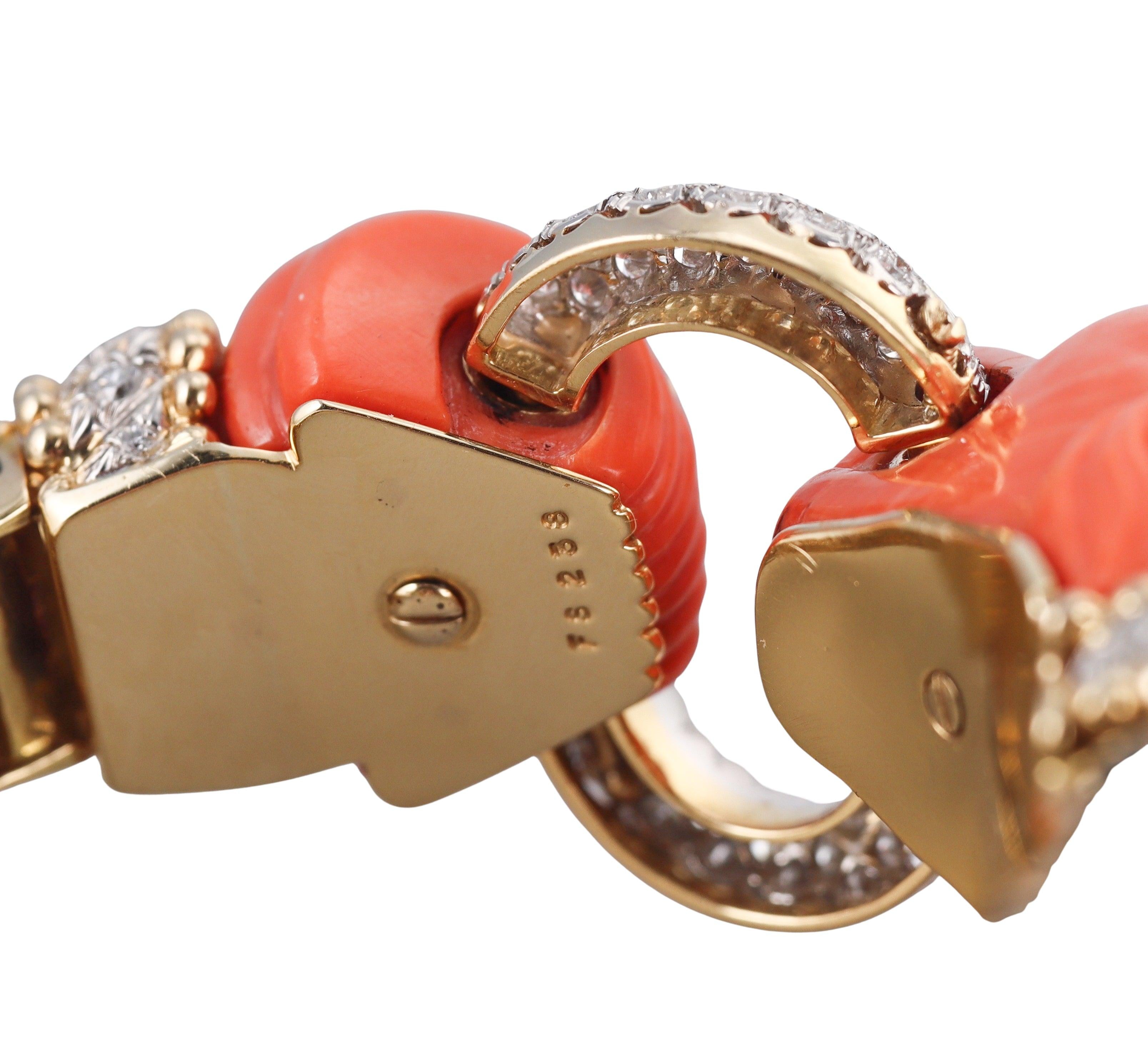 David Webb Diamond Coral Emerald Enamel Gold Platinum Lion Bracelet