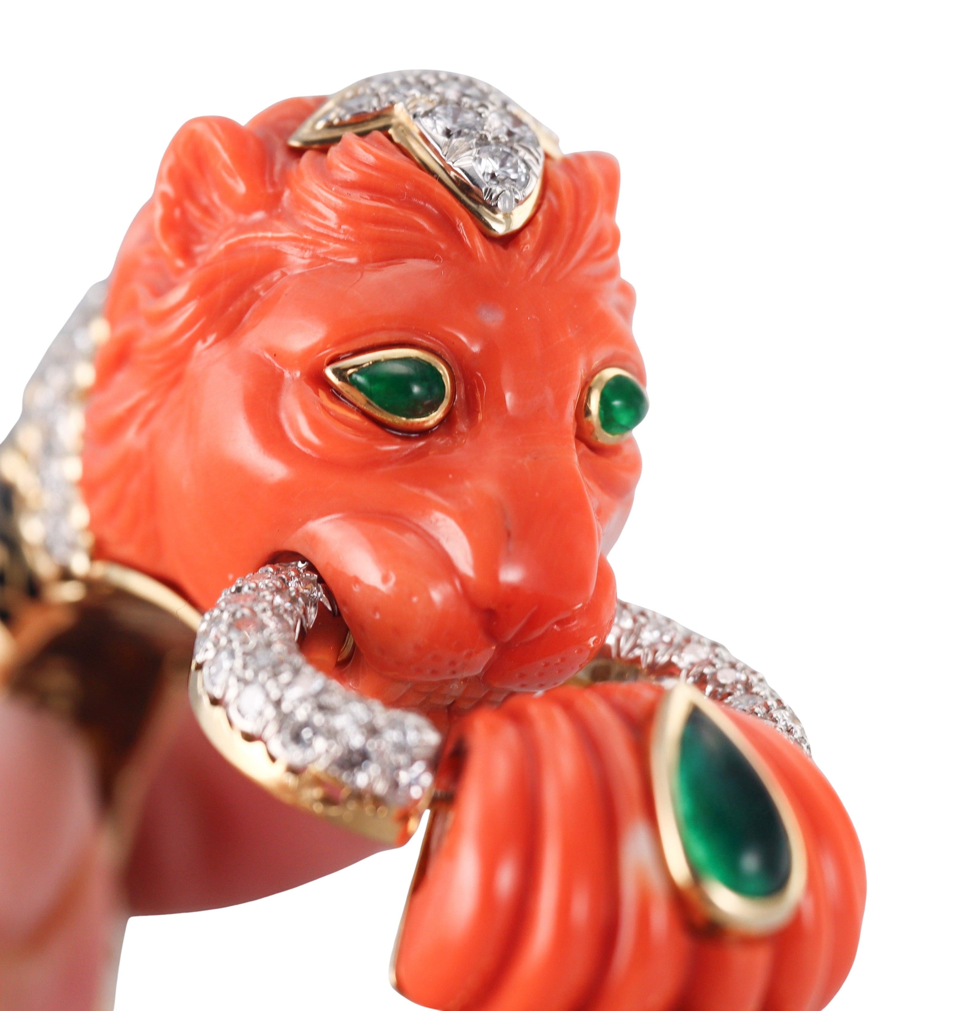David Webb Diamond Coral Emerald Enamel Gold Platinum Lion Bracelet