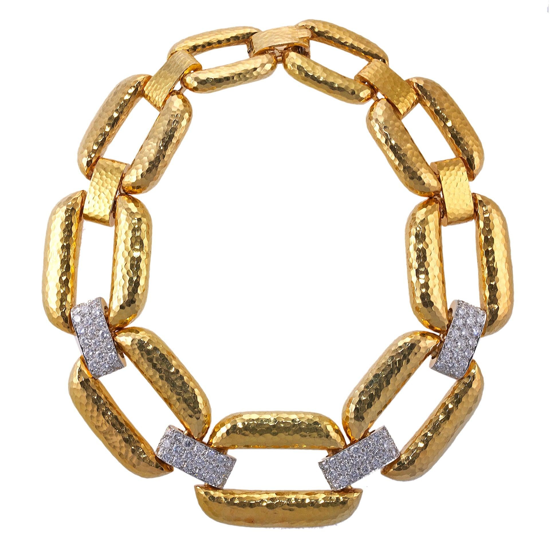 David Webb Diamond Hammered Gold Link Necklace