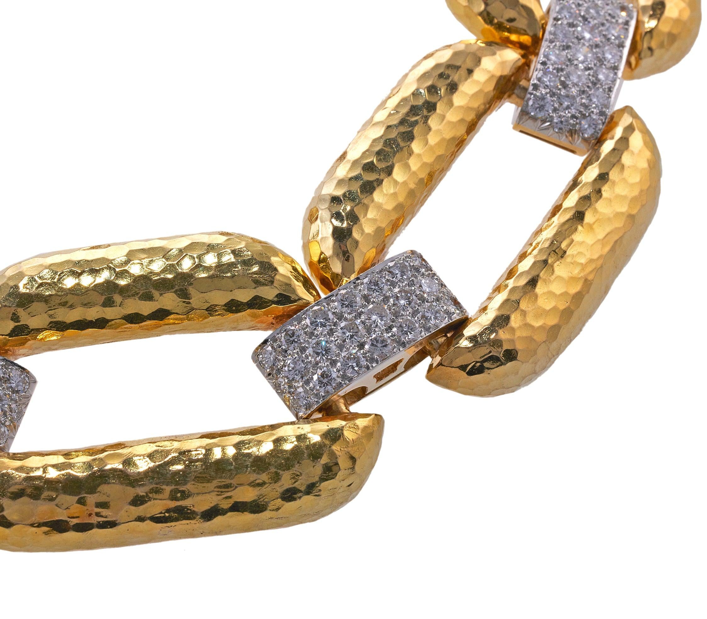 David Webb Diamond Hammered Gold Link Necklace