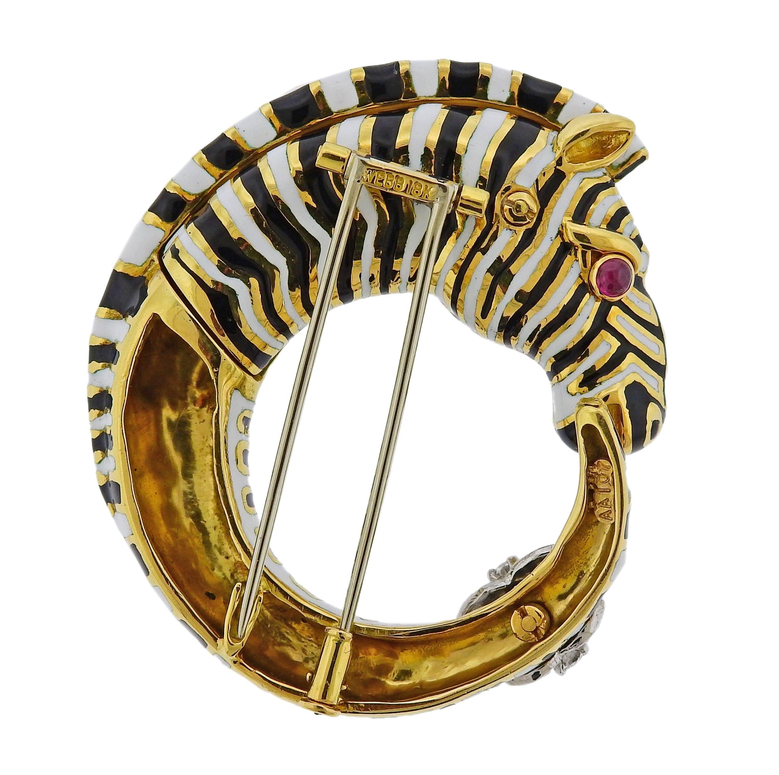 David Webb Diamond Ruby Enamel Gold Platinum Zebra Brooch Pin