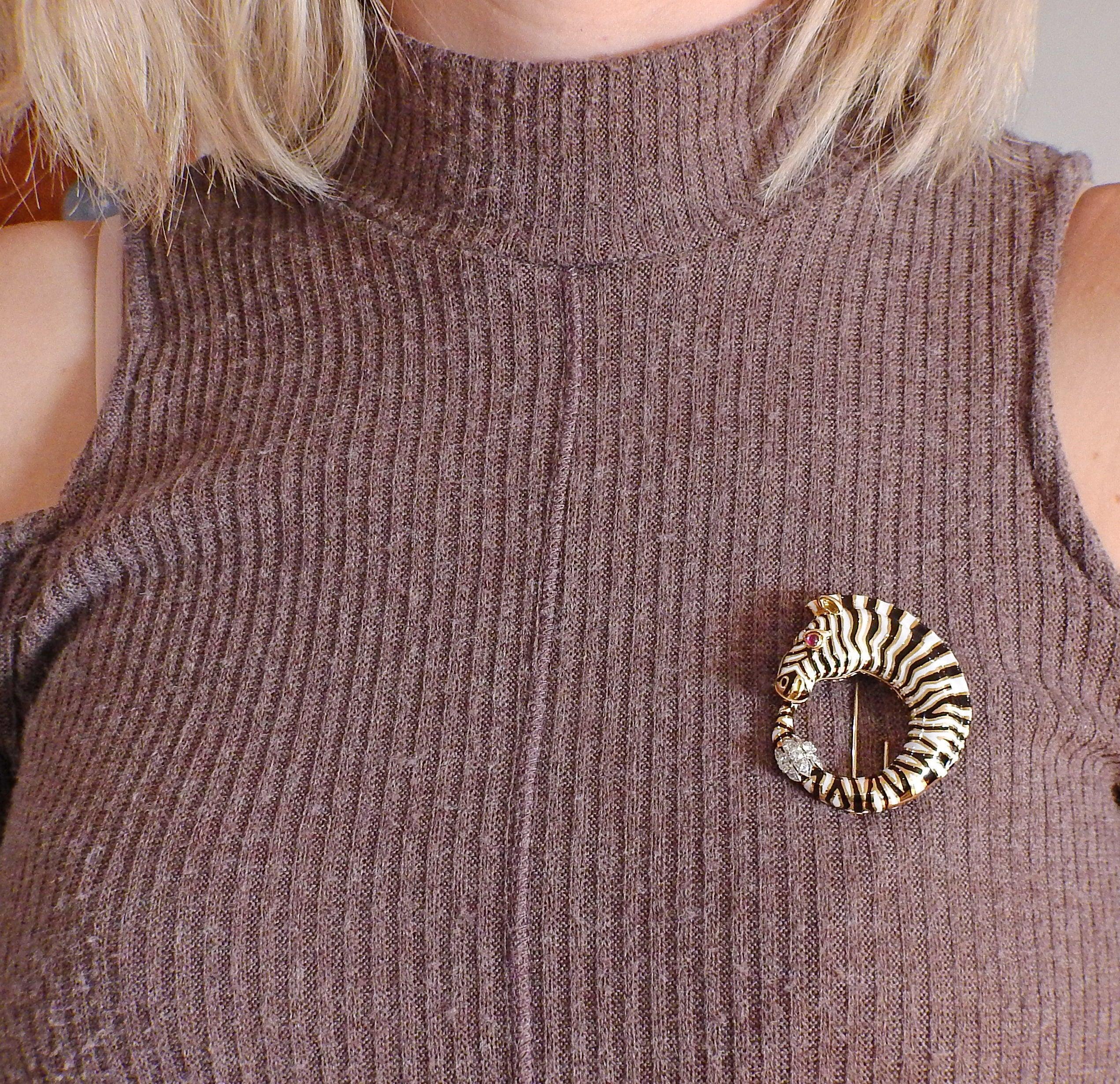 David Webb Diamond Ruby Enamel Gold Platinum Zebra Brooch Pin