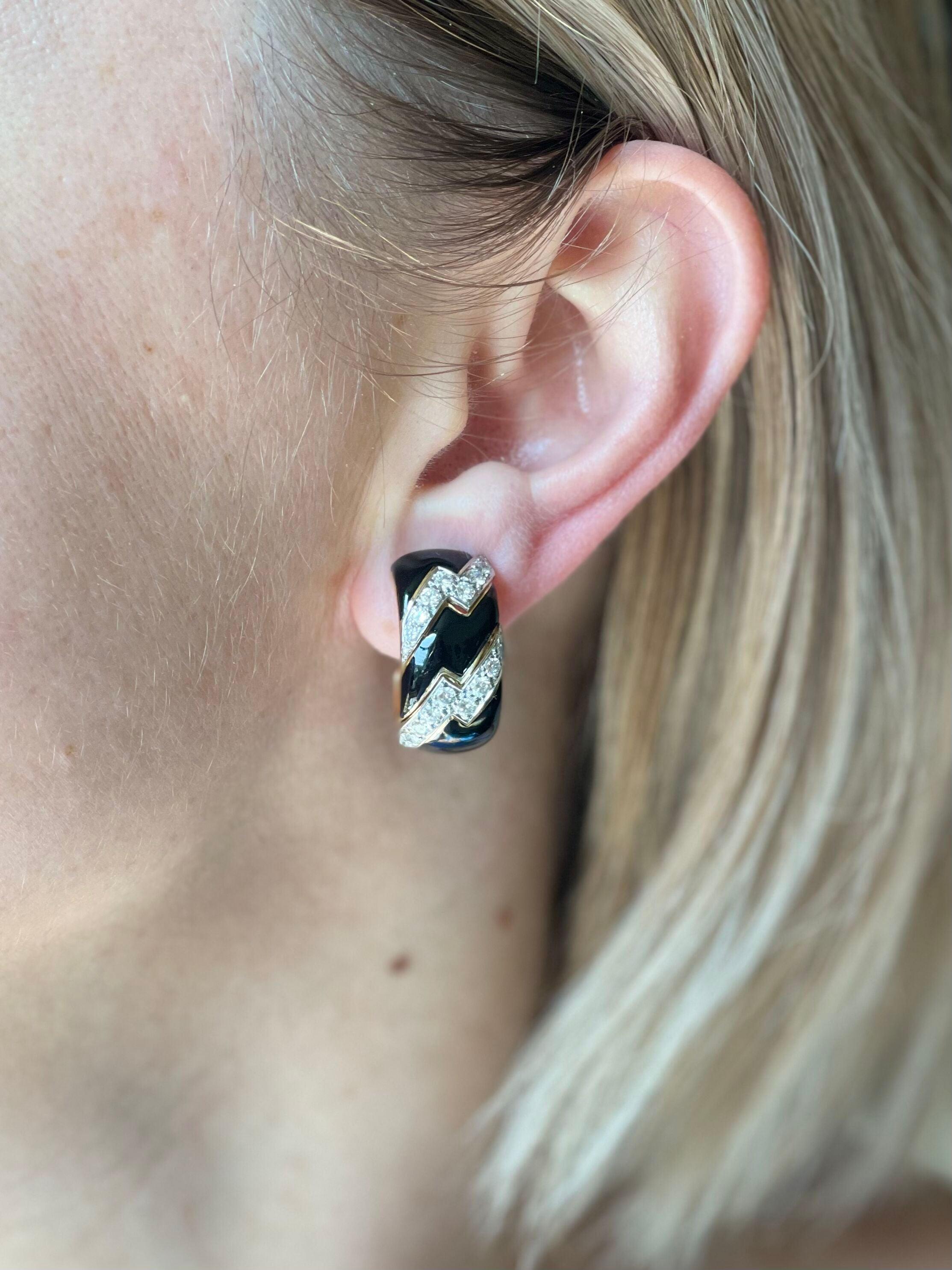 David Webb Enamel Diamond Gold Platinum Hoop Earrings