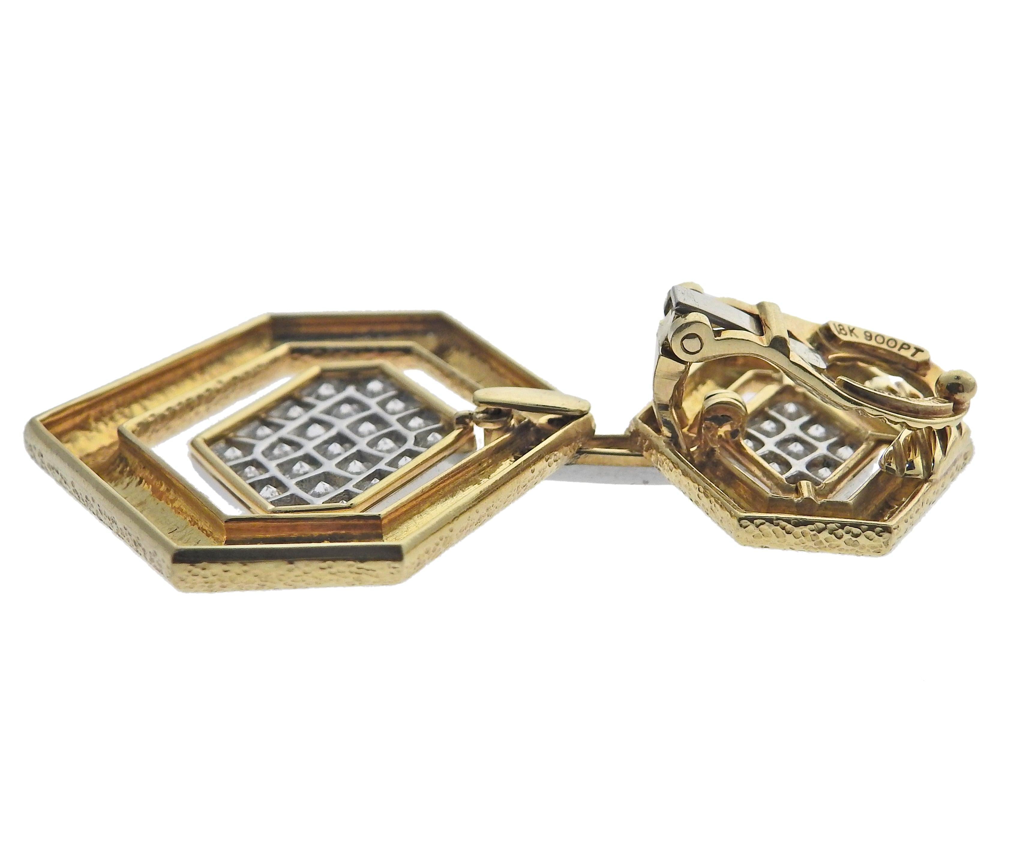 David Webb Madison Hexagon Gold Diamond Earrings