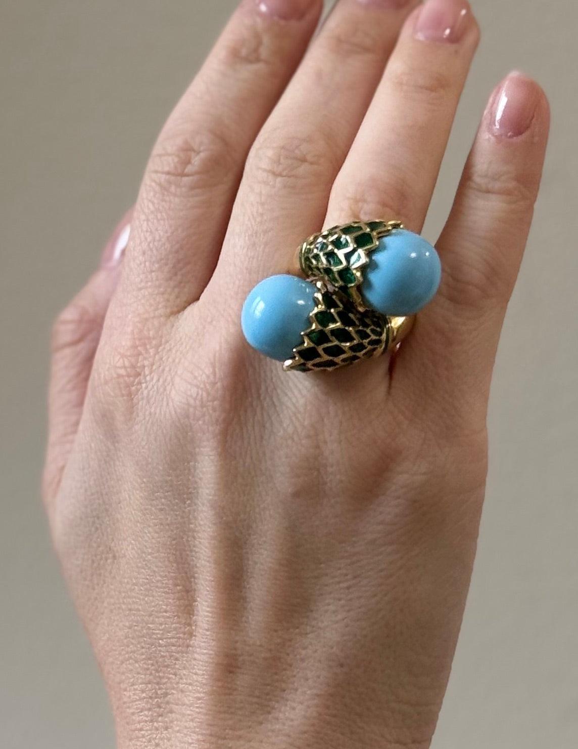 David Webb Enamel Gold Bypass Ring