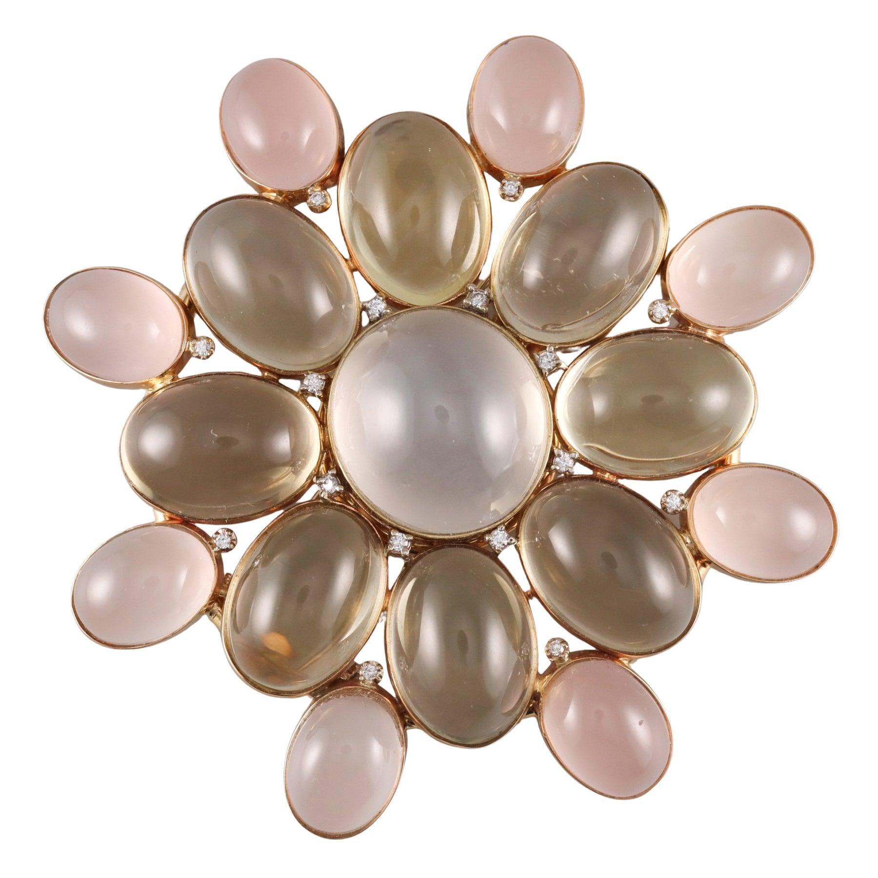 Faraone Mennella Gold Diamond Quartz Cabochon Brooch