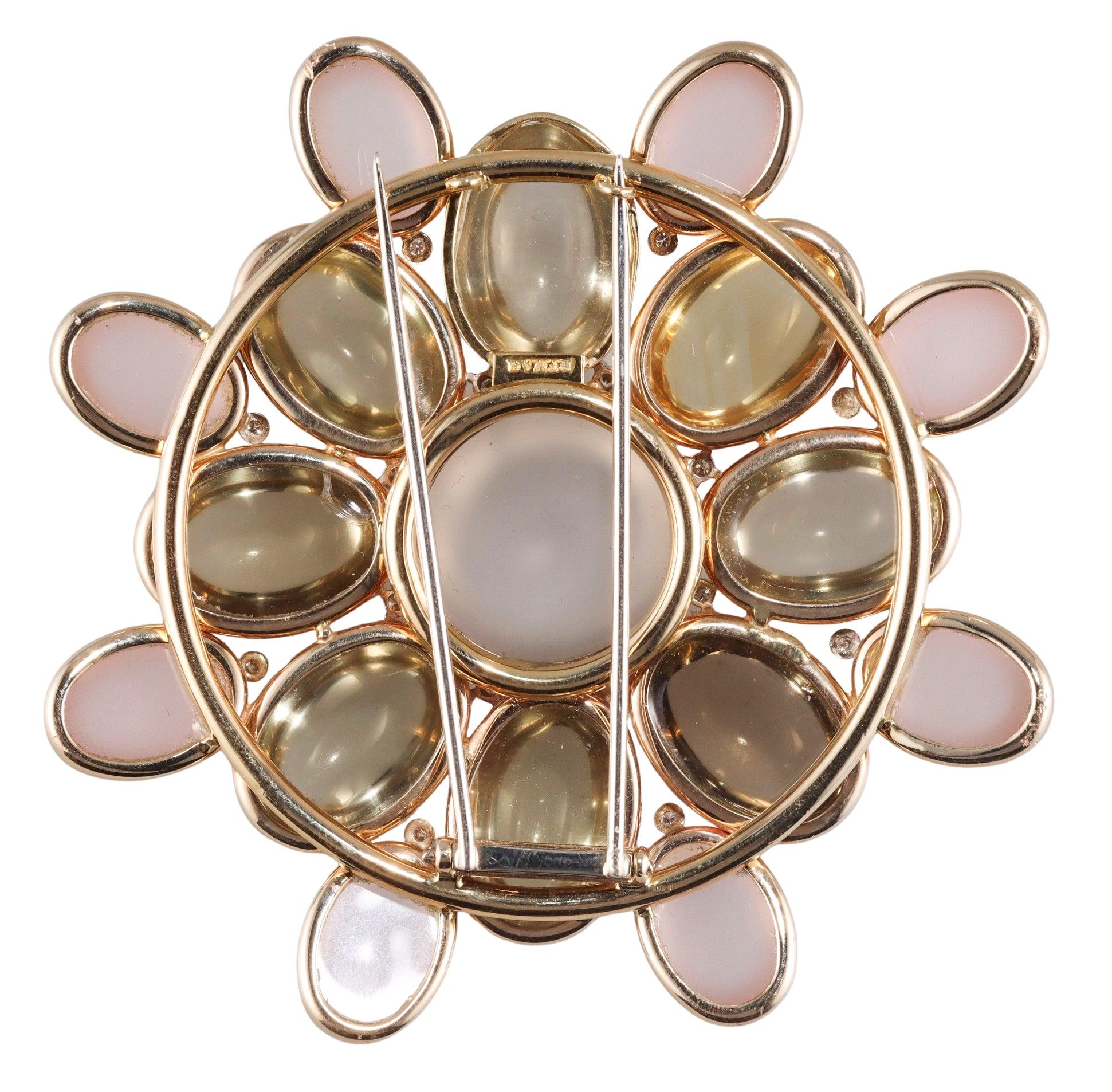 Faraone Mennella Gold Diamond Quartz Cabochon Brooch