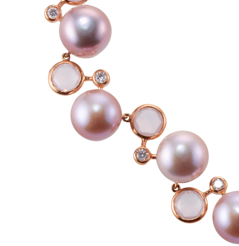 Mimi Milano Rose Quartz Pearl Diamond Gold Necklace