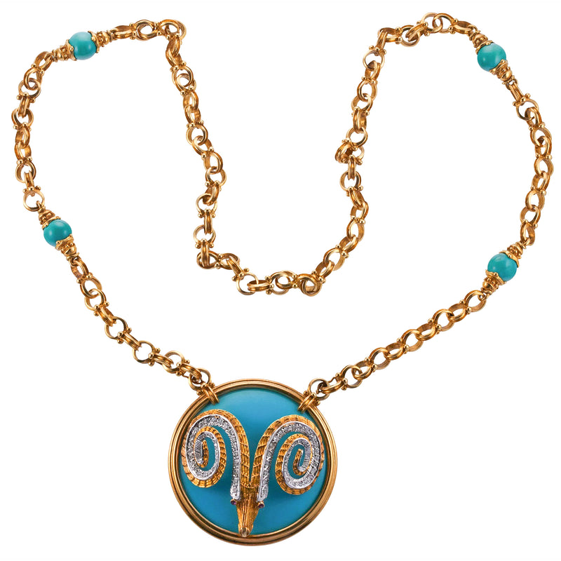 Greek Diamond Turquoise Gold Ram's Head Pendant Necklace