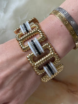 1980s Enamel Diamond Gold Wide Link Bracelet