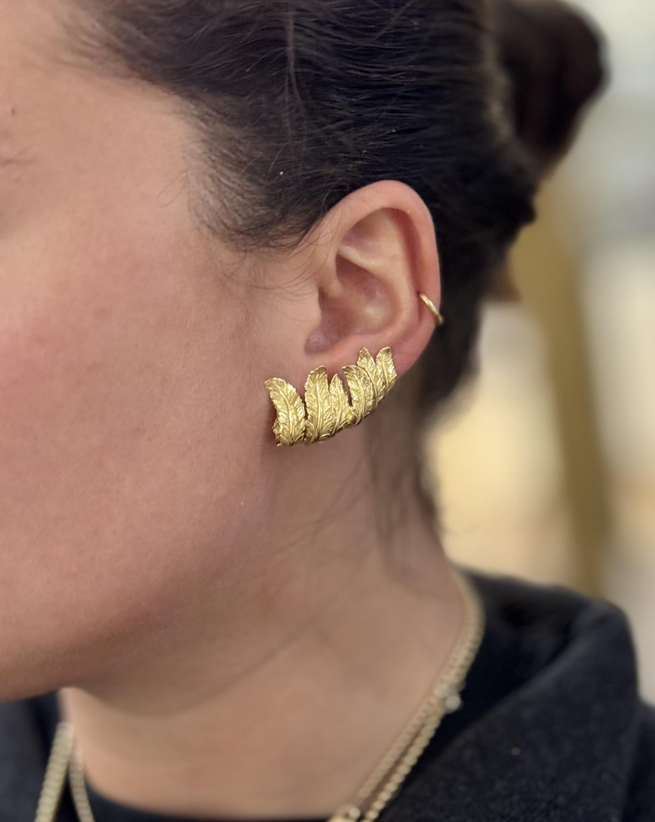 Verdura Yellow Gold Feather Ear Cuff Earrings