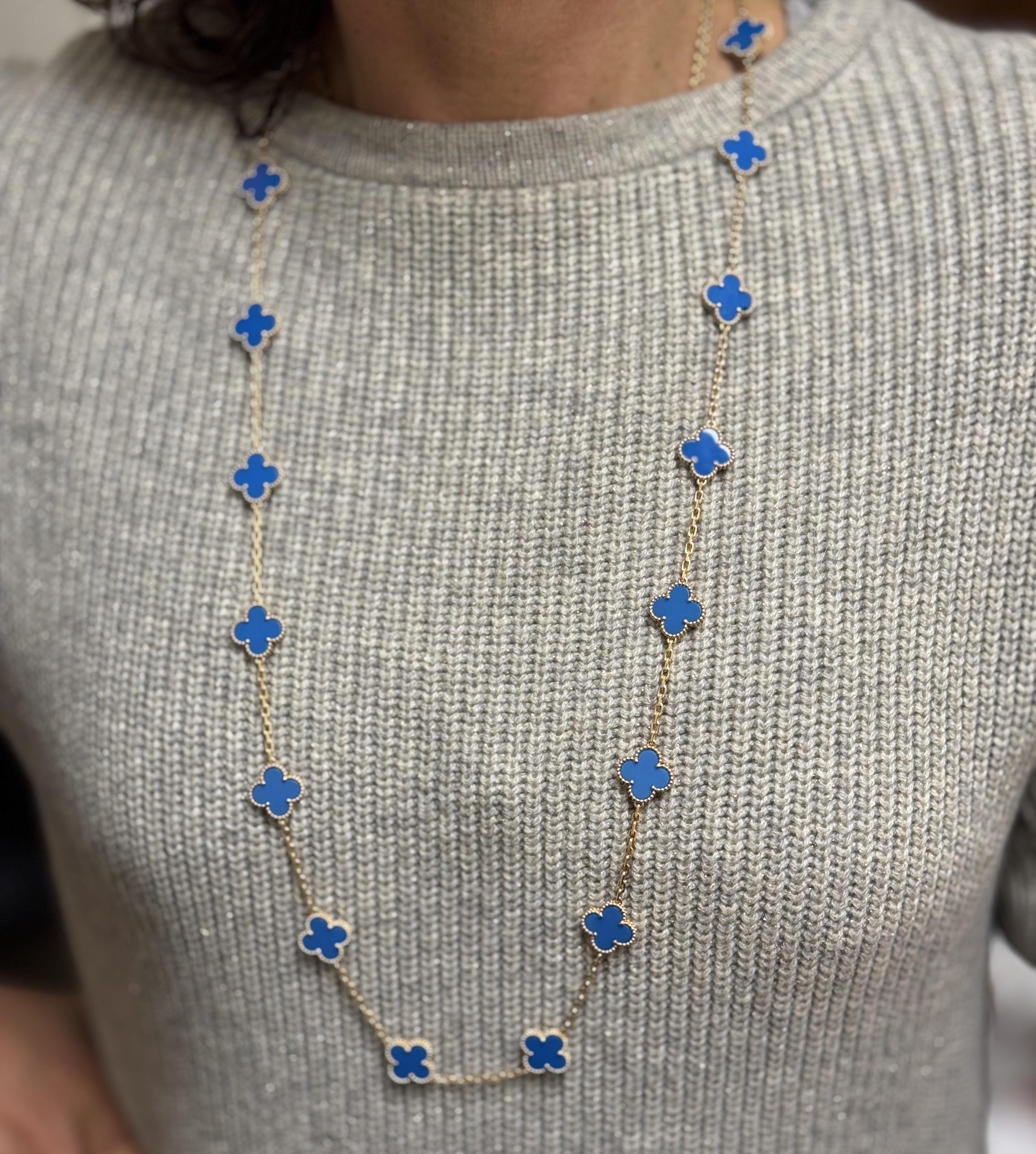 Van Cleef & Arpels Vintage Alhambra 20 Motif Blue Agate Gold Necklace