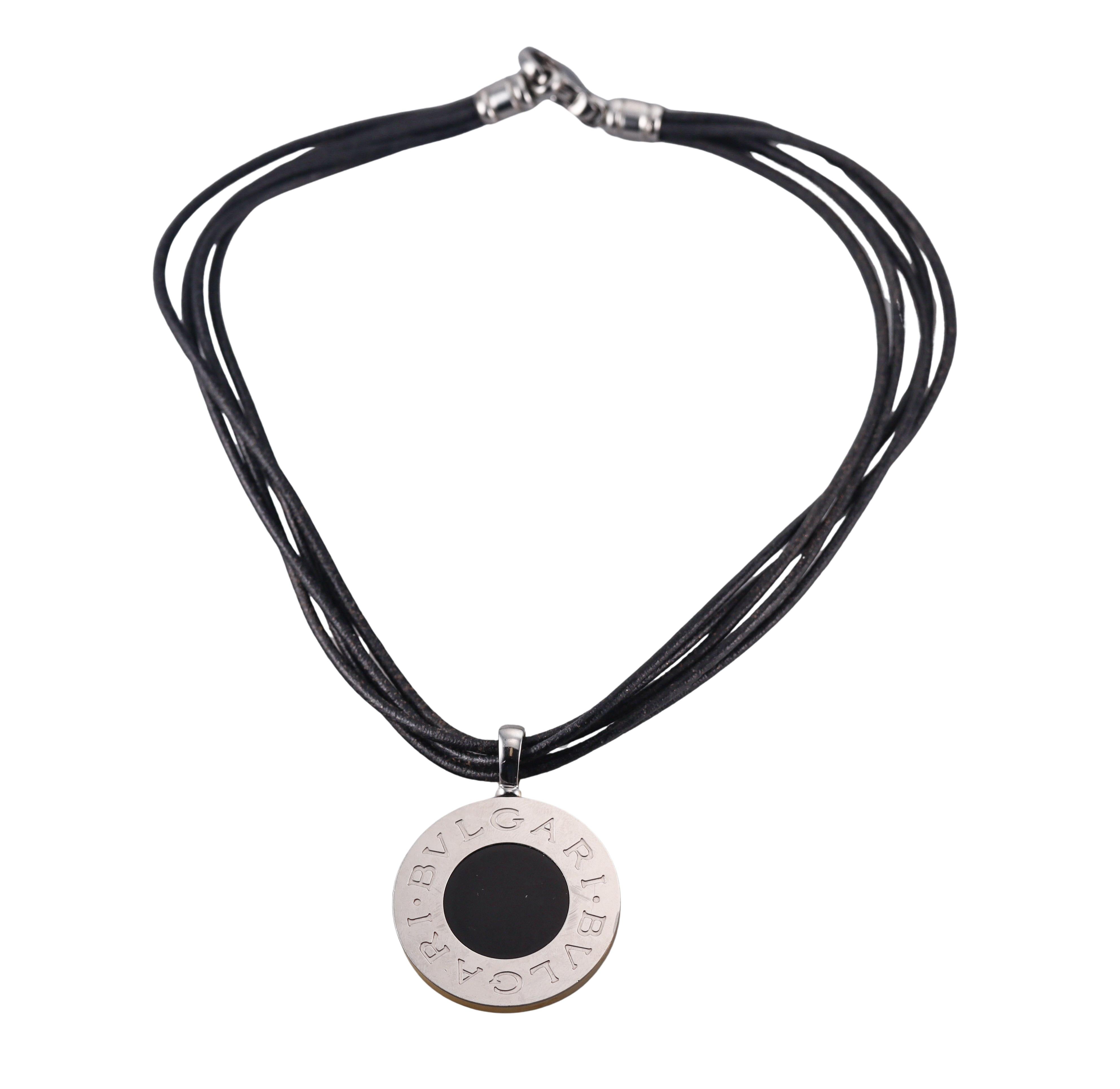 Bulgari Onyx Gold and Steel Pendant Cord Necklace