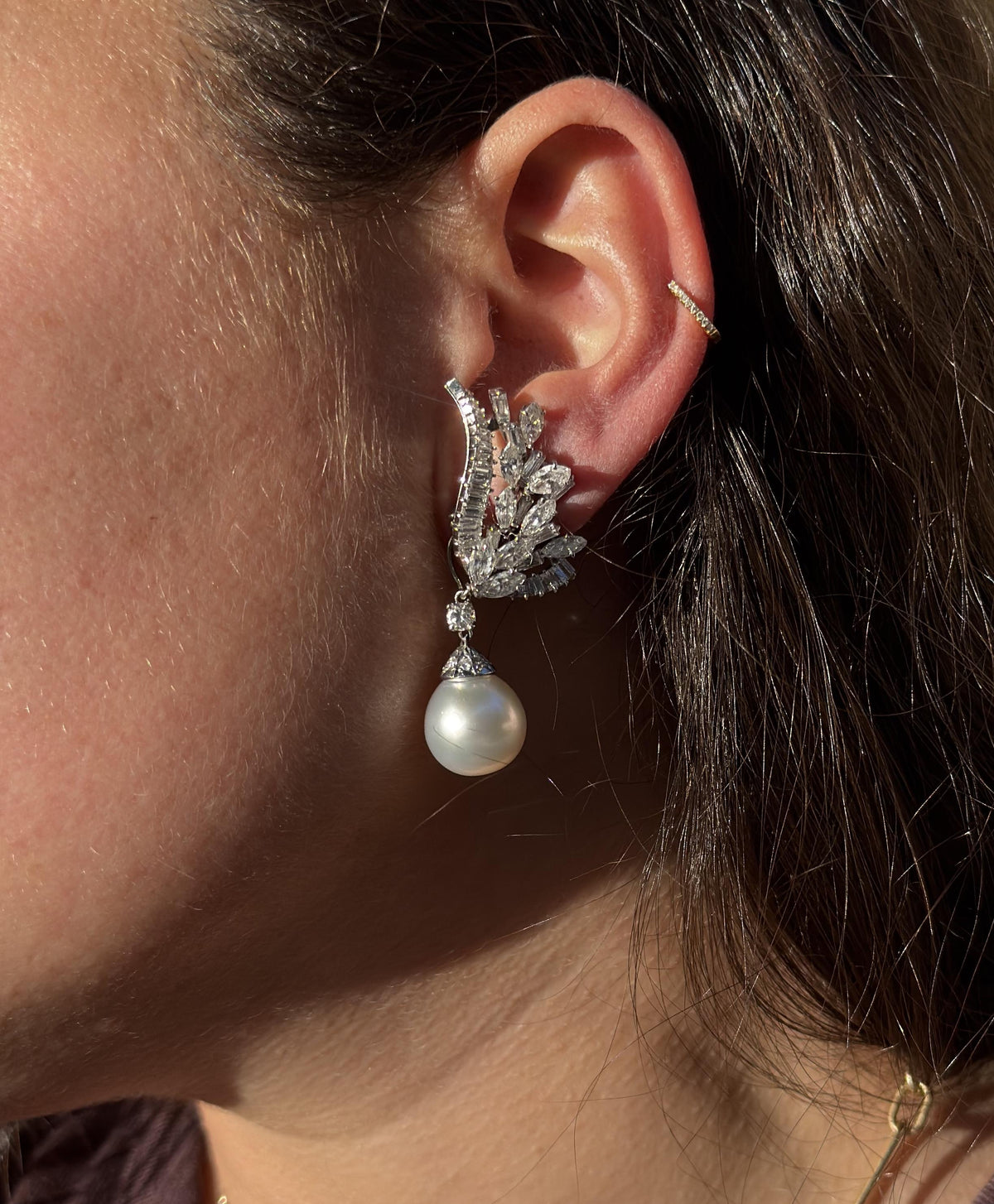 French Mid Century Diamond Pearl Platinum Night & Day Earrings