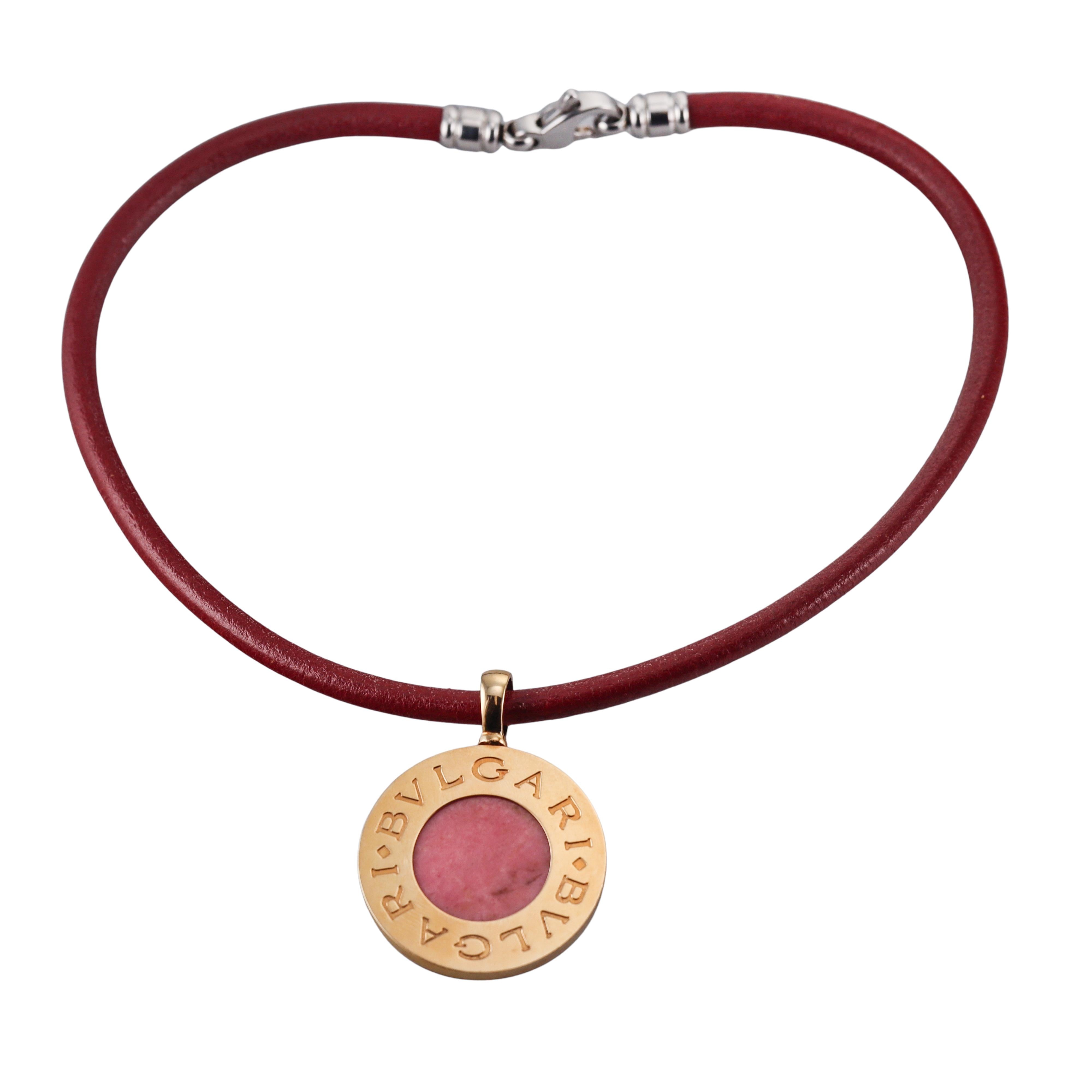 Bulgari Gold Steel Onyx Rhodochrosite Pendant 35mm Cord Necklace