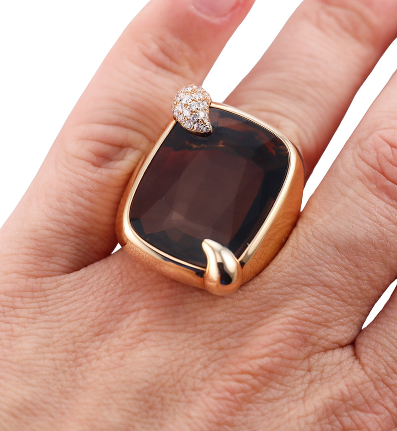 Large Pomellato Ritratto Smokey Topaz Diamond Gold Ring Oak Gem