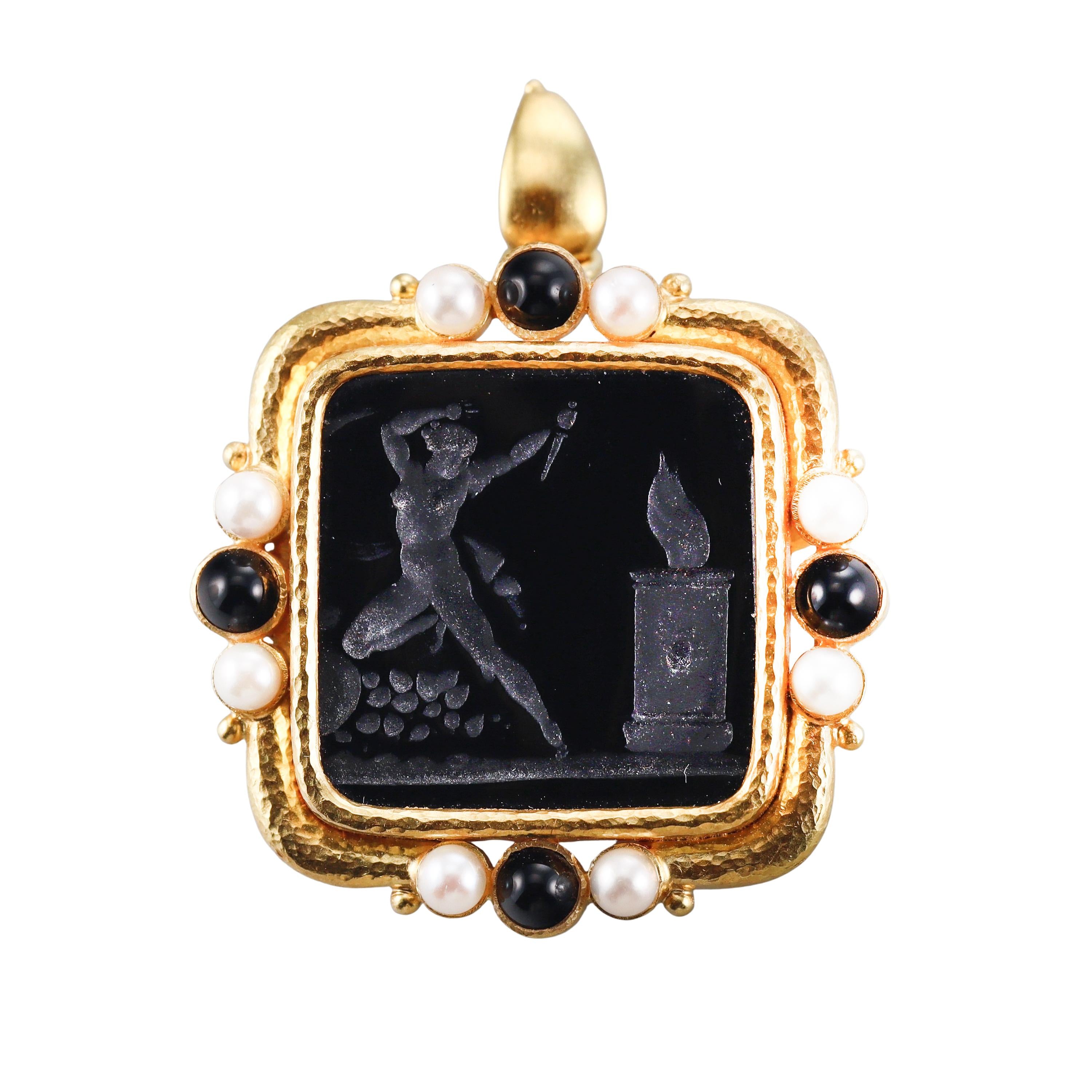 Elizabeth Locke Onyx Intaglio Pearl Pendant Brooch