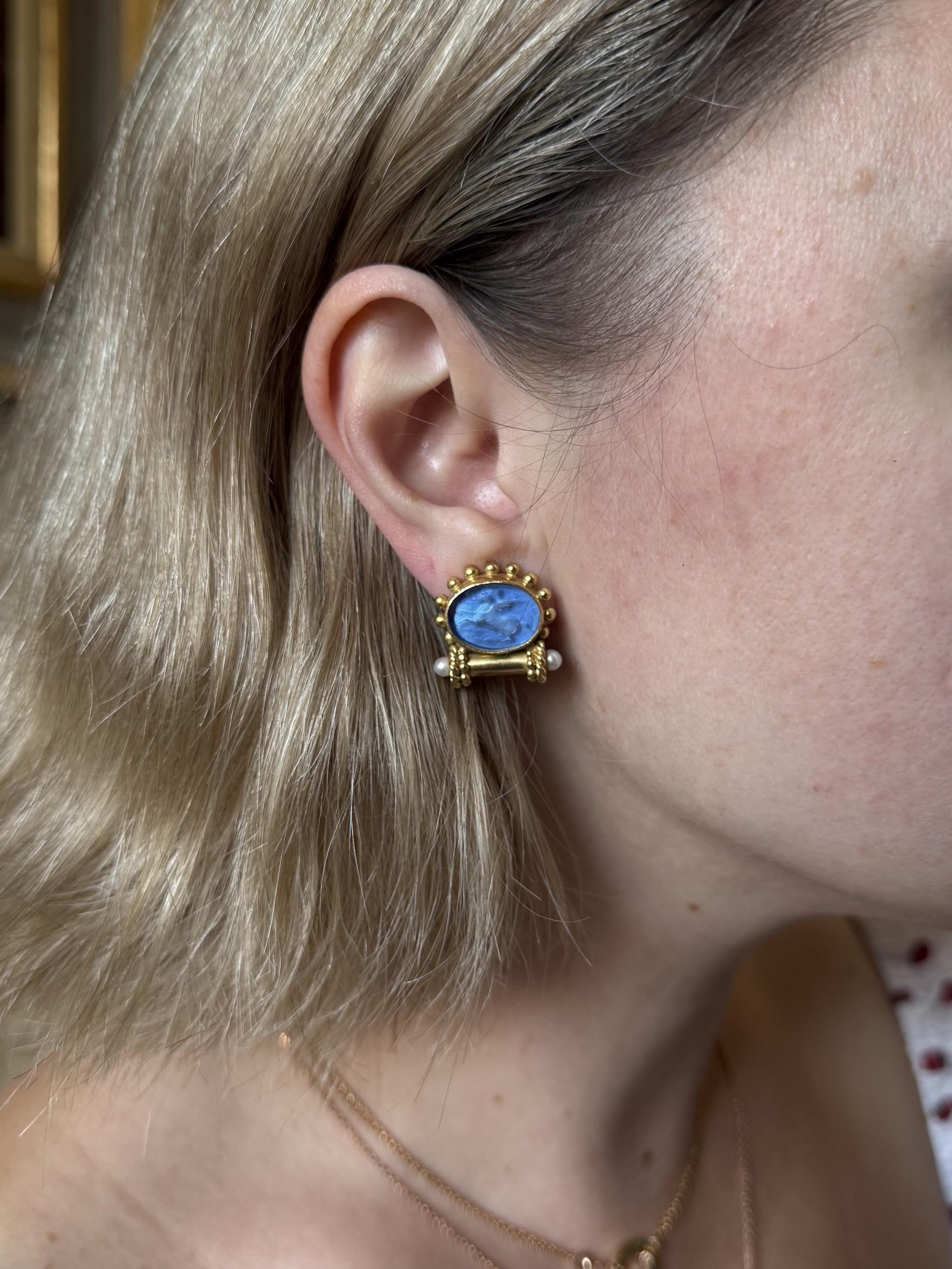 Elizabeth Locke Venetian Glass Intaglio Pegasus Pearl Gold Earrings
