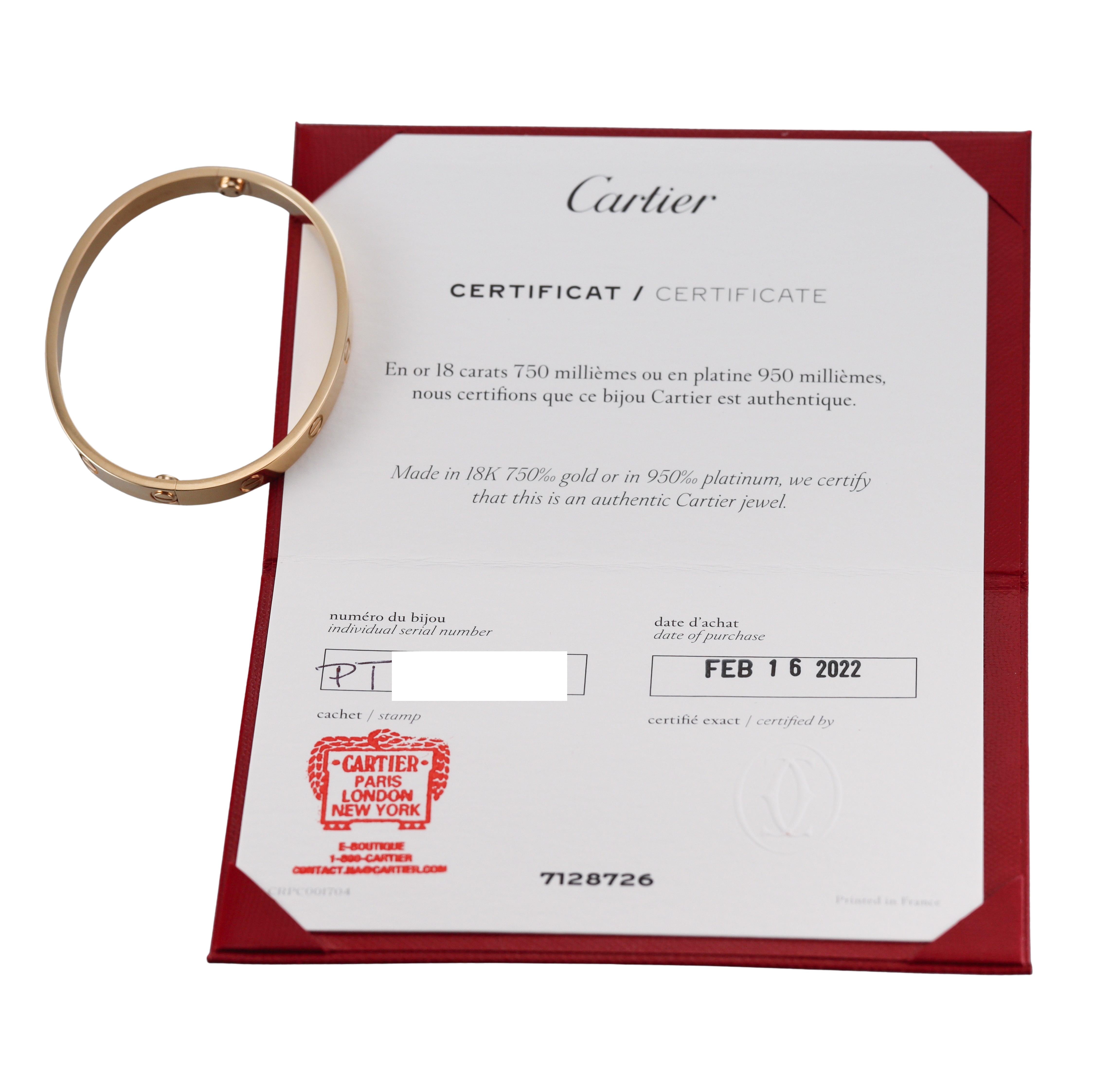 Cartier Love Yellow Gold Classic Model Bracelet Size 17