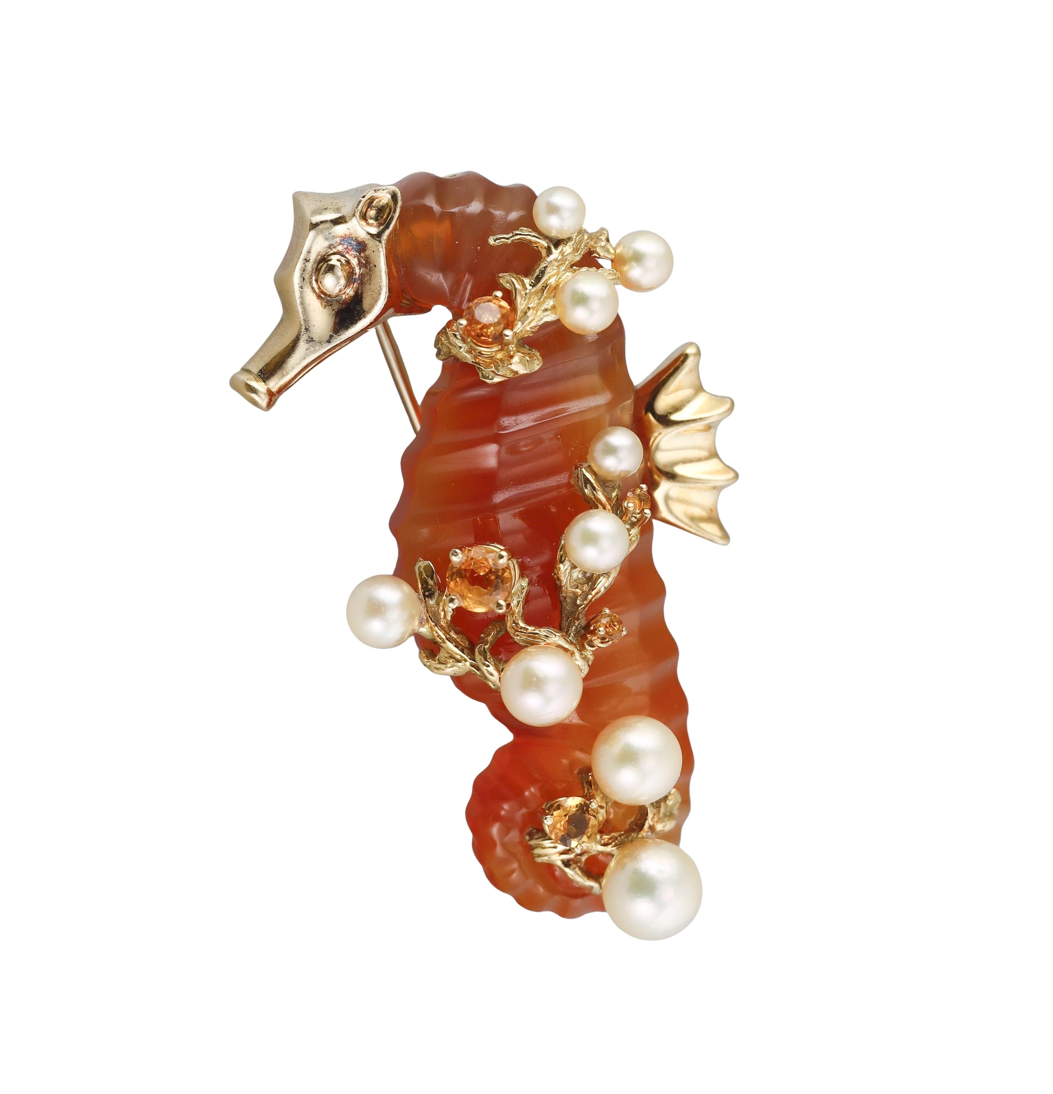 Seaman Schepps Agate Pearl Citrine Gold Seahorse Brooch Pin