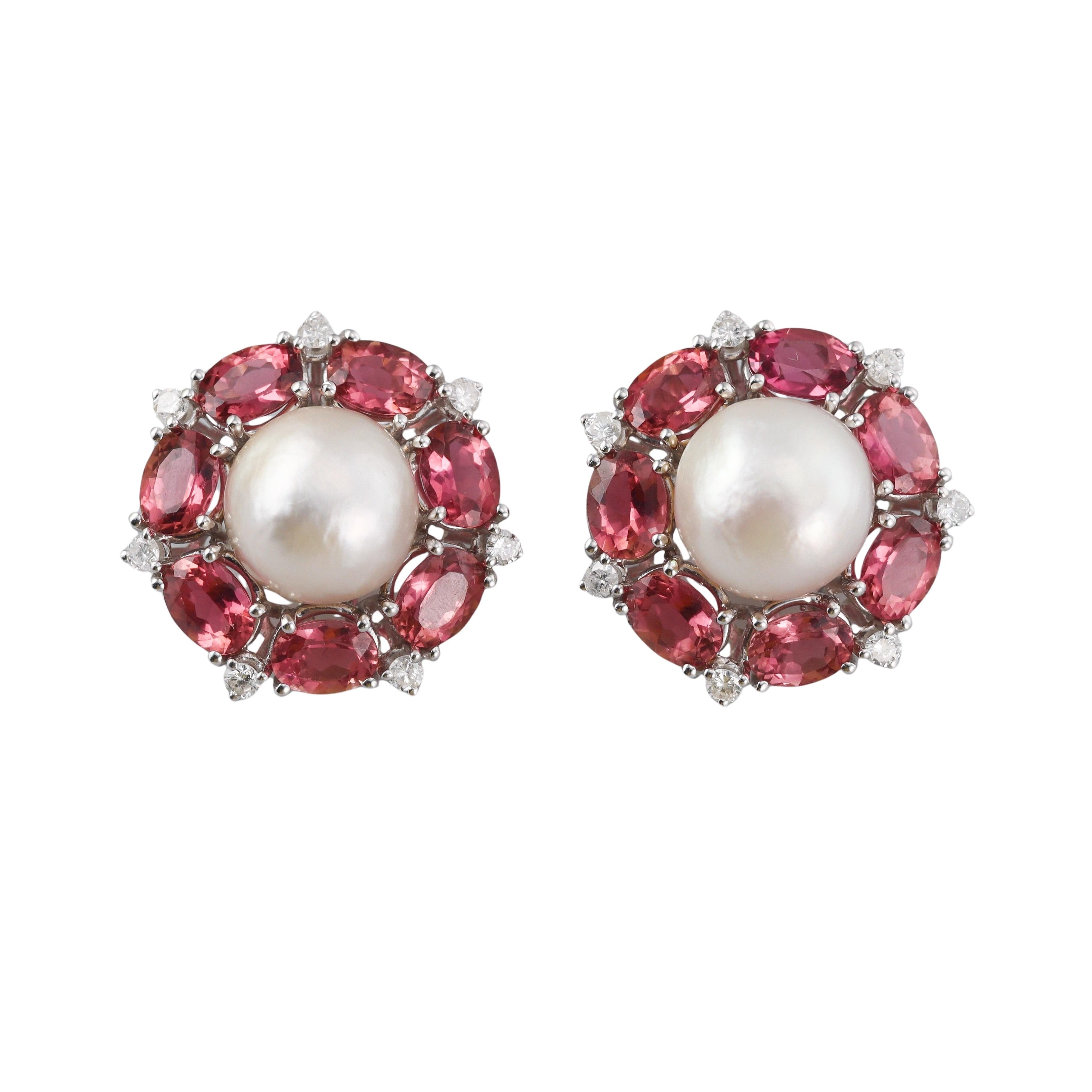 Seaman Schepps Pink Tourmaline Diamond Mabe Pearl Gold Earrings