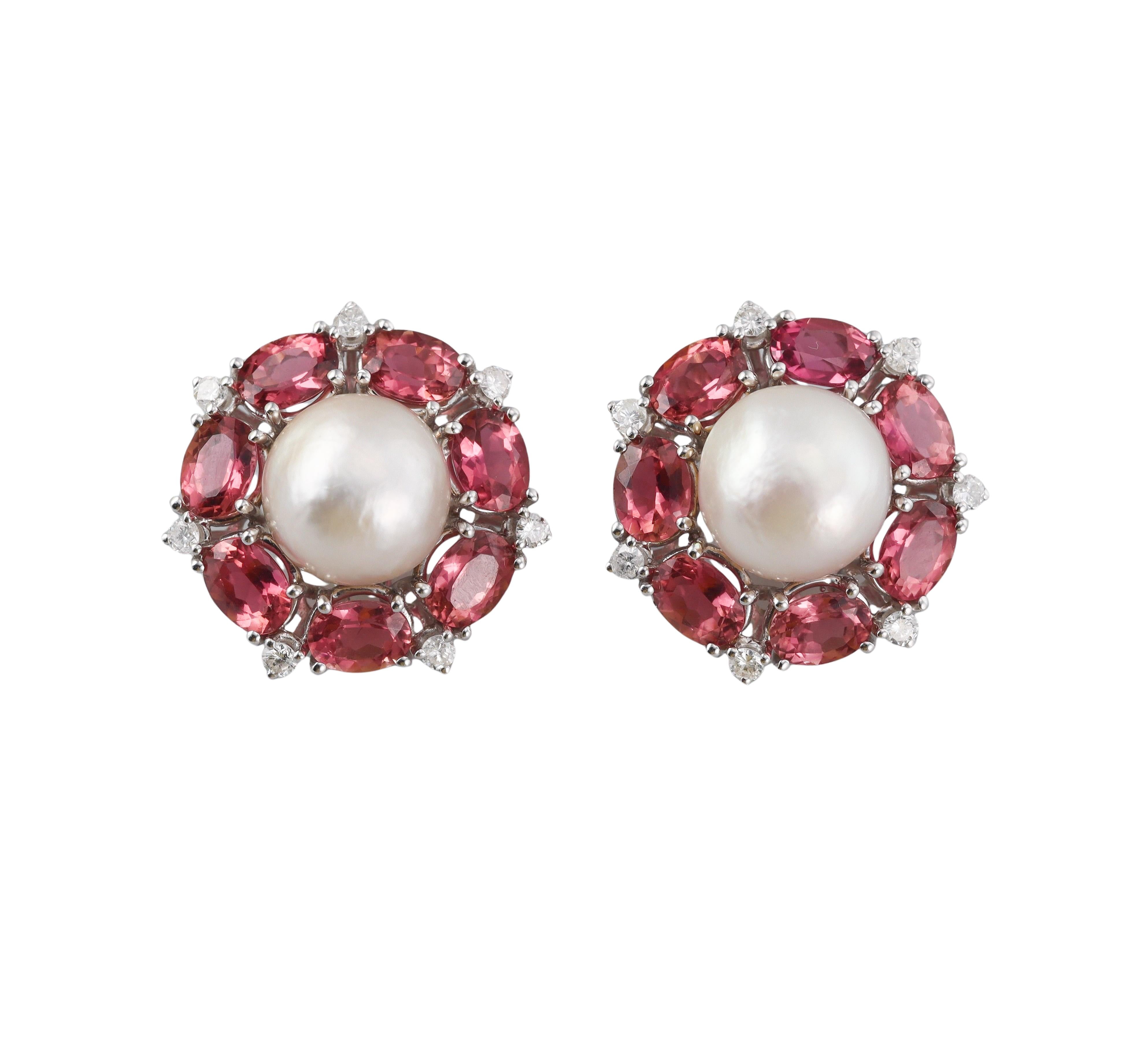 Seaman Schepps Pink Tourmaline Diamond Mabe Pearl Gold Earrings