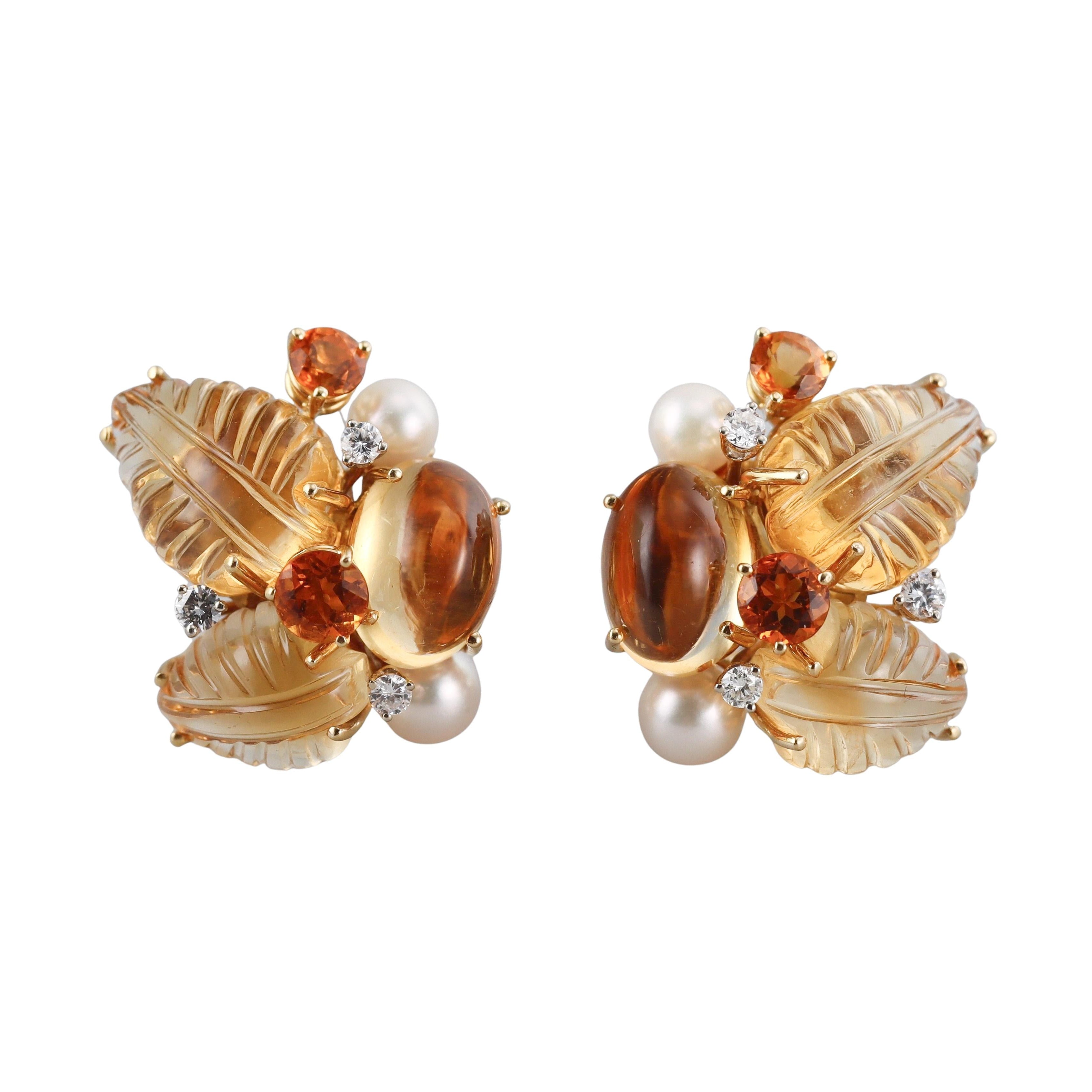 Seaman Schepps Citrine Amber Pearl Diamond Gold Earrings