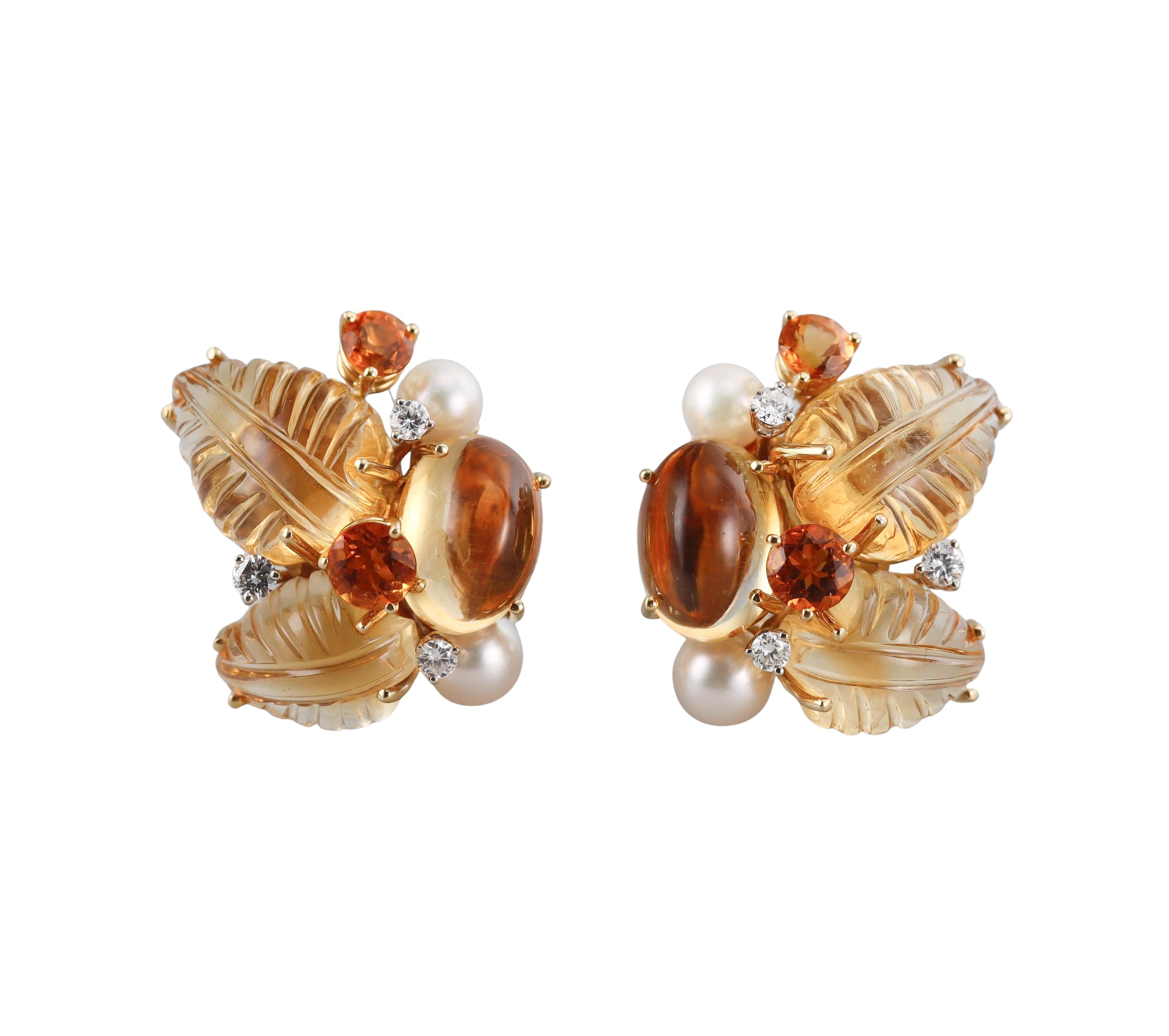Seaman Schepps Citrine Amber Pearl Diamond Gold Earrings