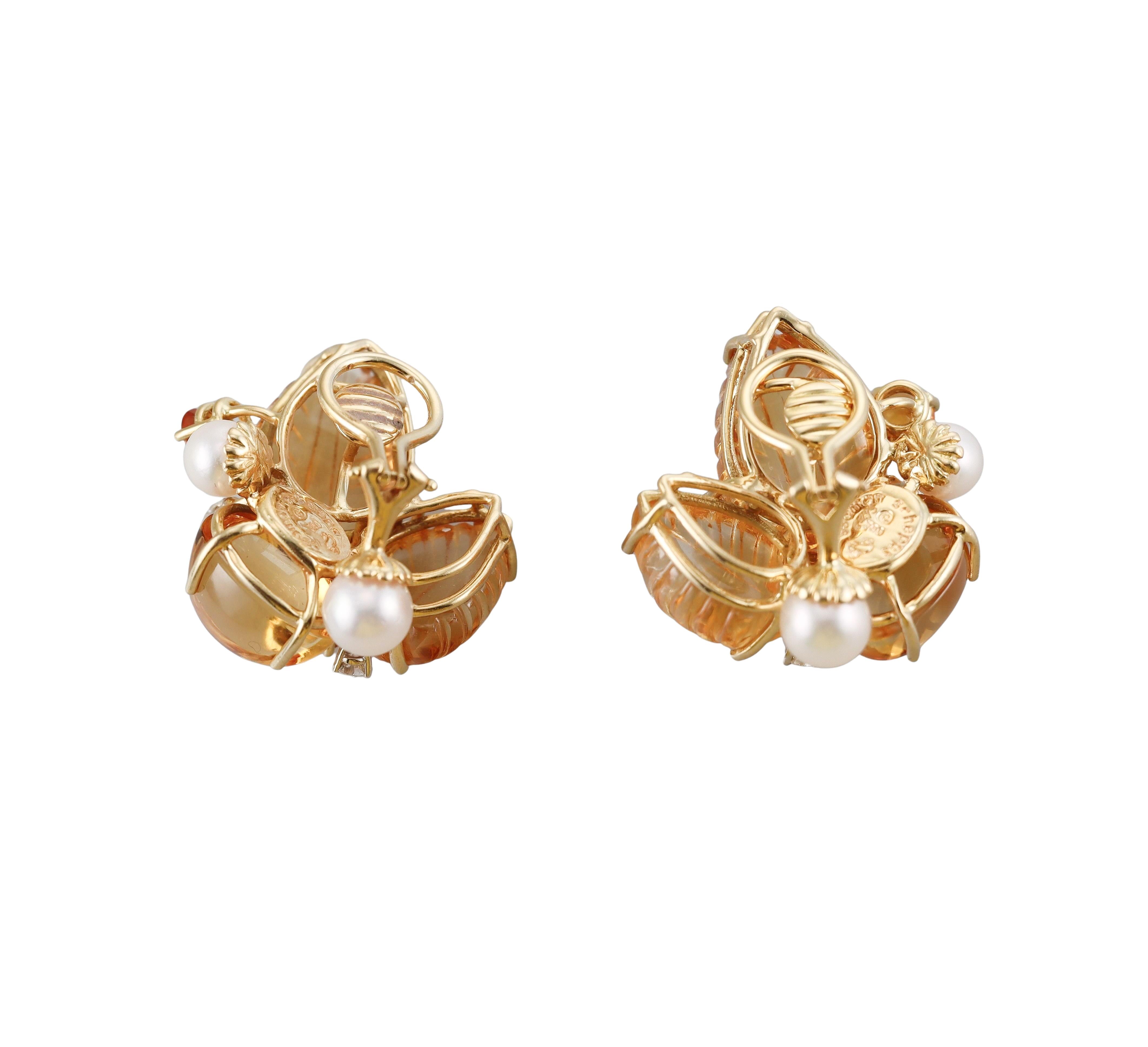 Seaman Schepps Citrine Amber Pearl Diamond Gold Earrings