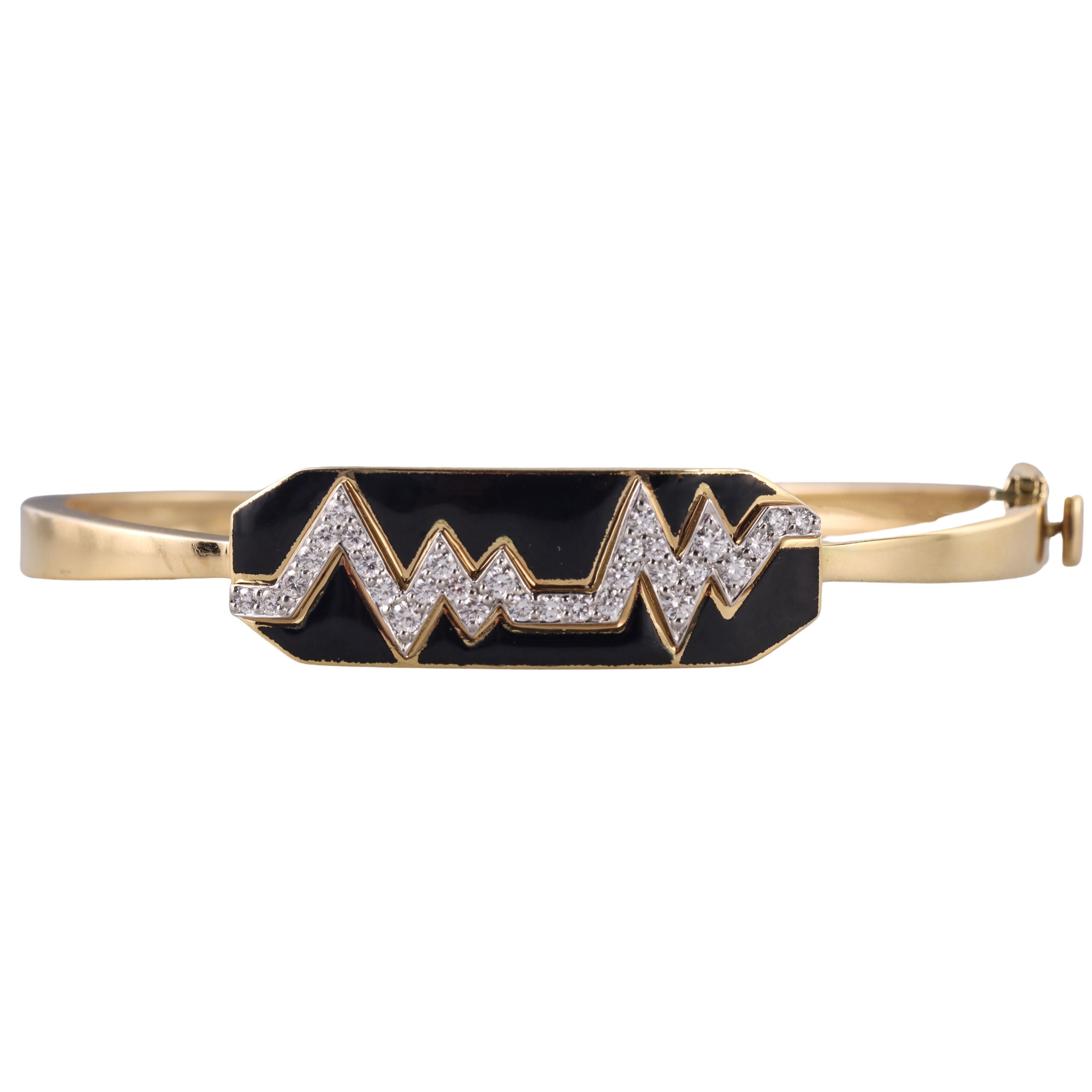David Webb Black Enamel Diamond Gold Platinum Skip Bracelet
