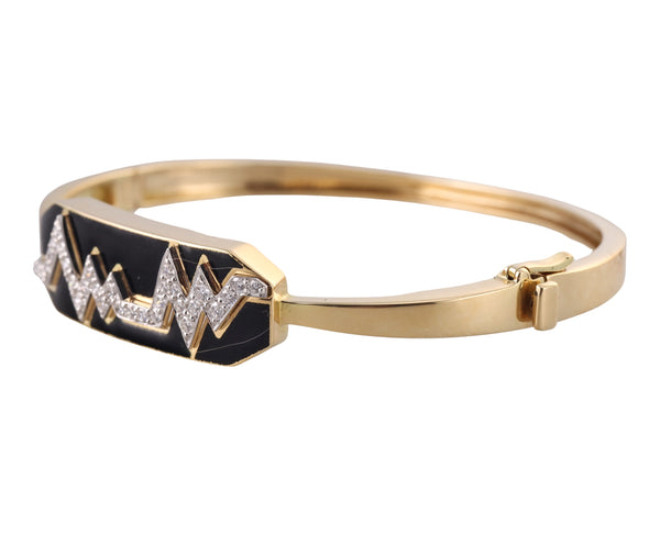 David Webb Black Enamel Diamond Gold Platinum Skip Bracelet