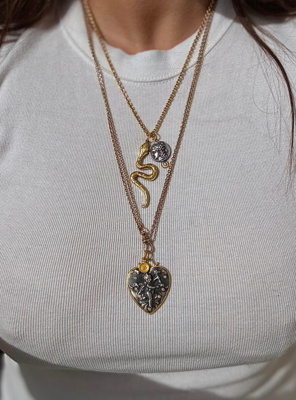 Ancient Inspired Gold Silver Diamond Cupid Heart Pendant