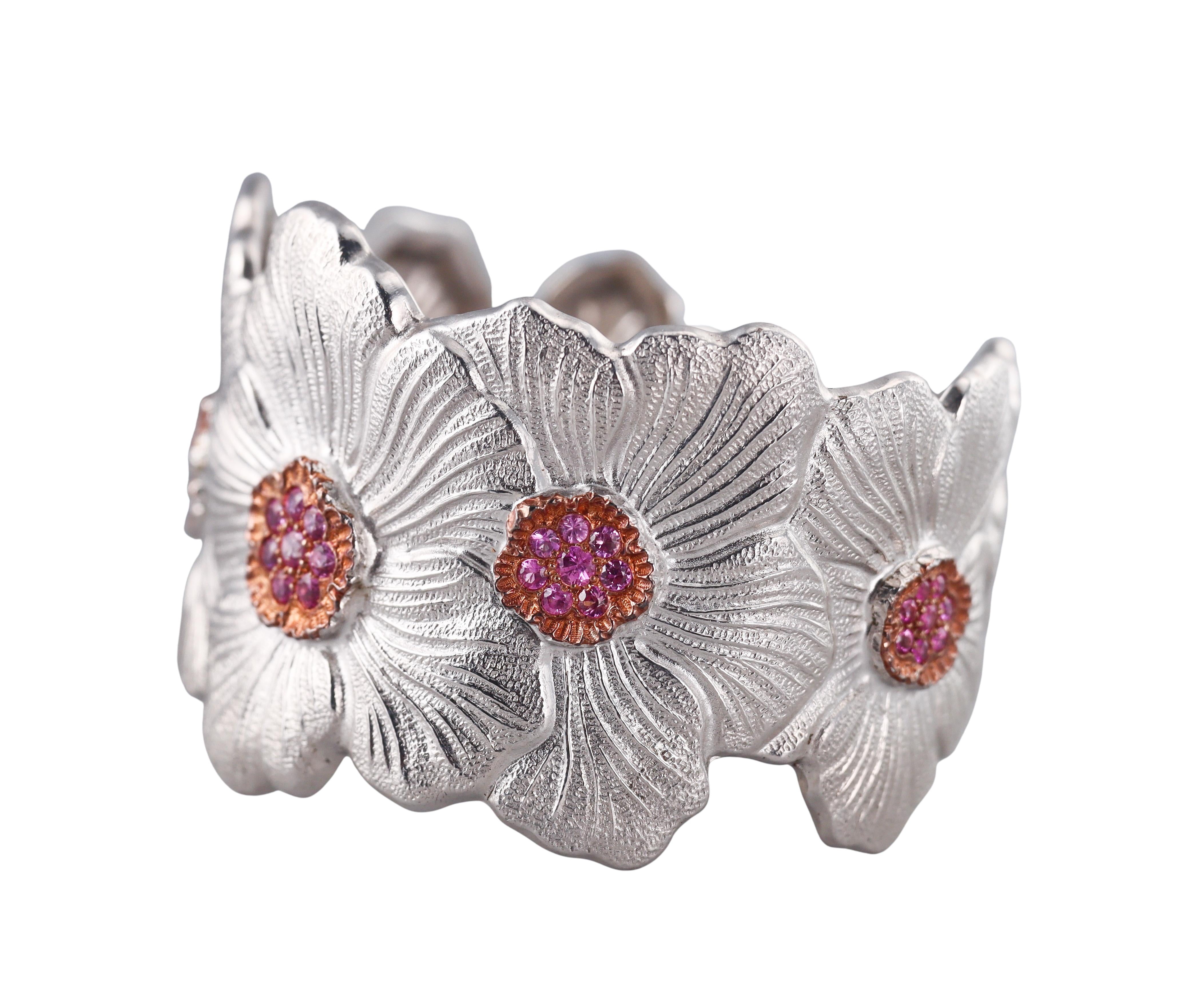 Buccellati Blossoms Pink Sapphire Sterling Silver Cuff Bracelet