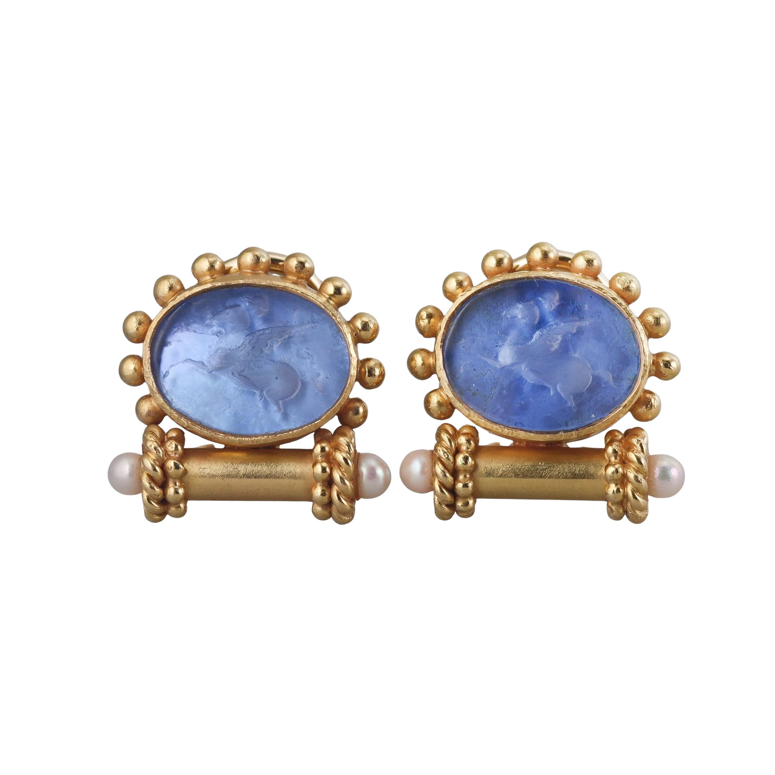Elizabeth Locke Venetian Glass Intaglio Pegasus Pearl Gold Earrings