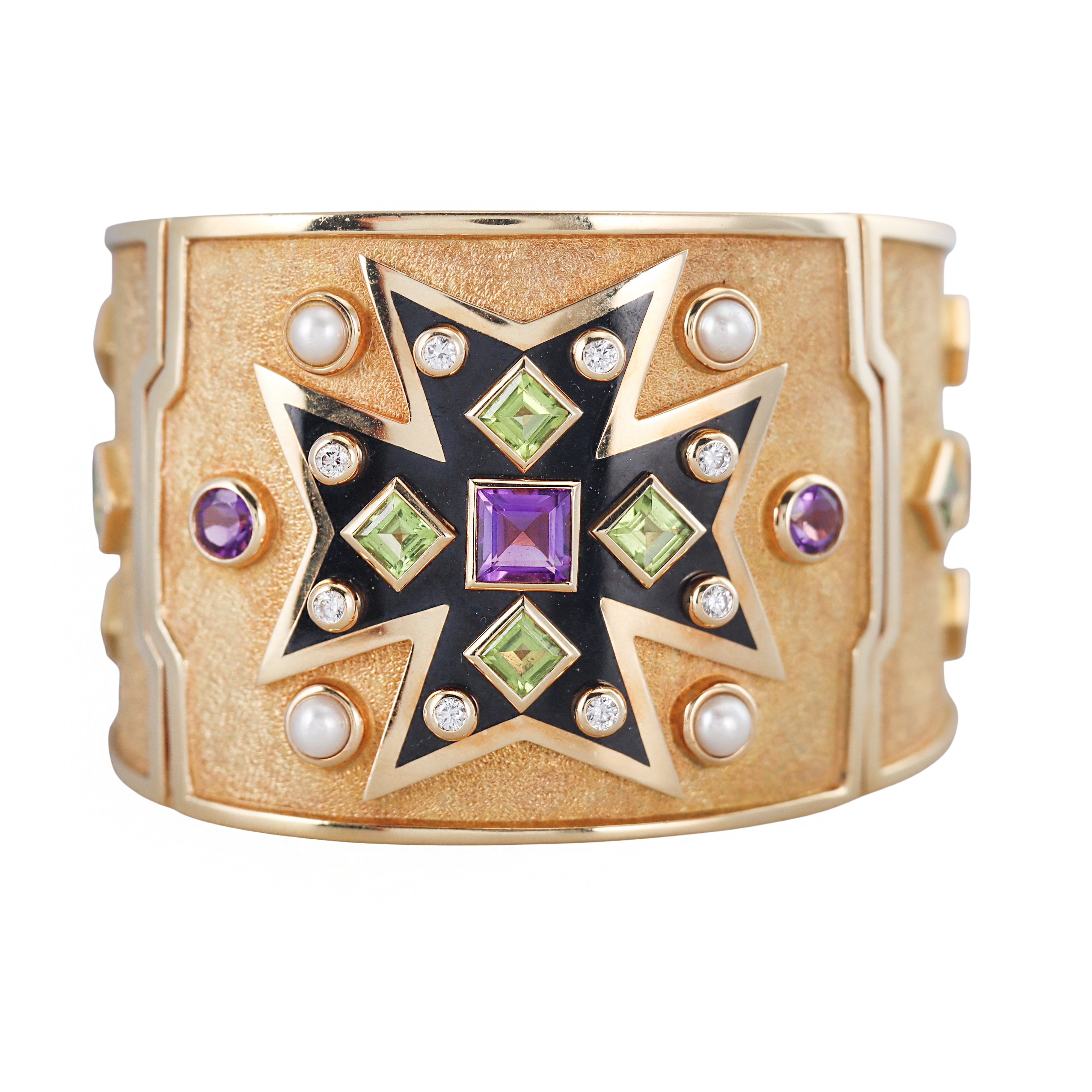 Verdura Maltese Cross Gold Amethyst Pearl Enamel Bracelet