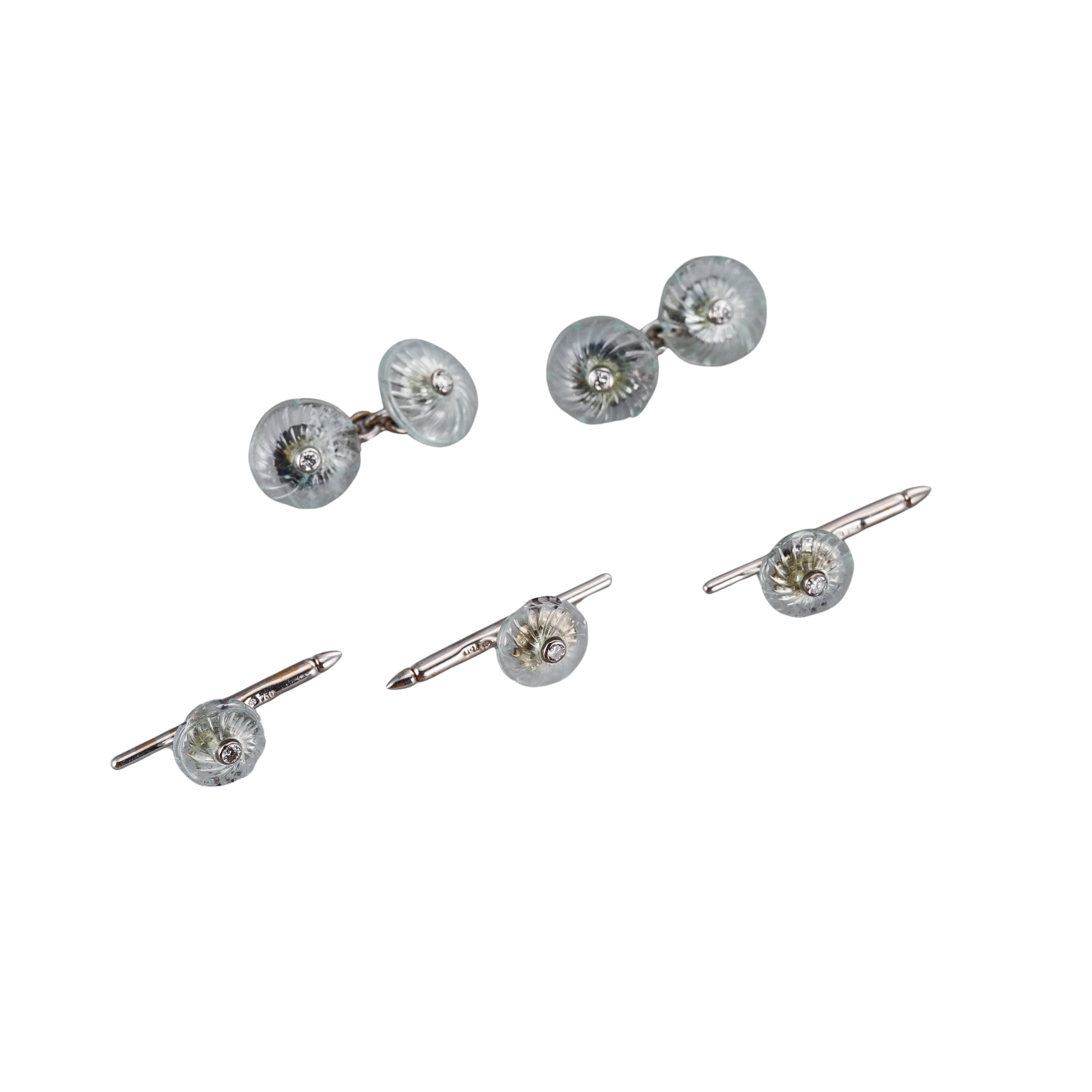 Trianon Carved Aquamarine Diamond Cufflink Stud Dress Set