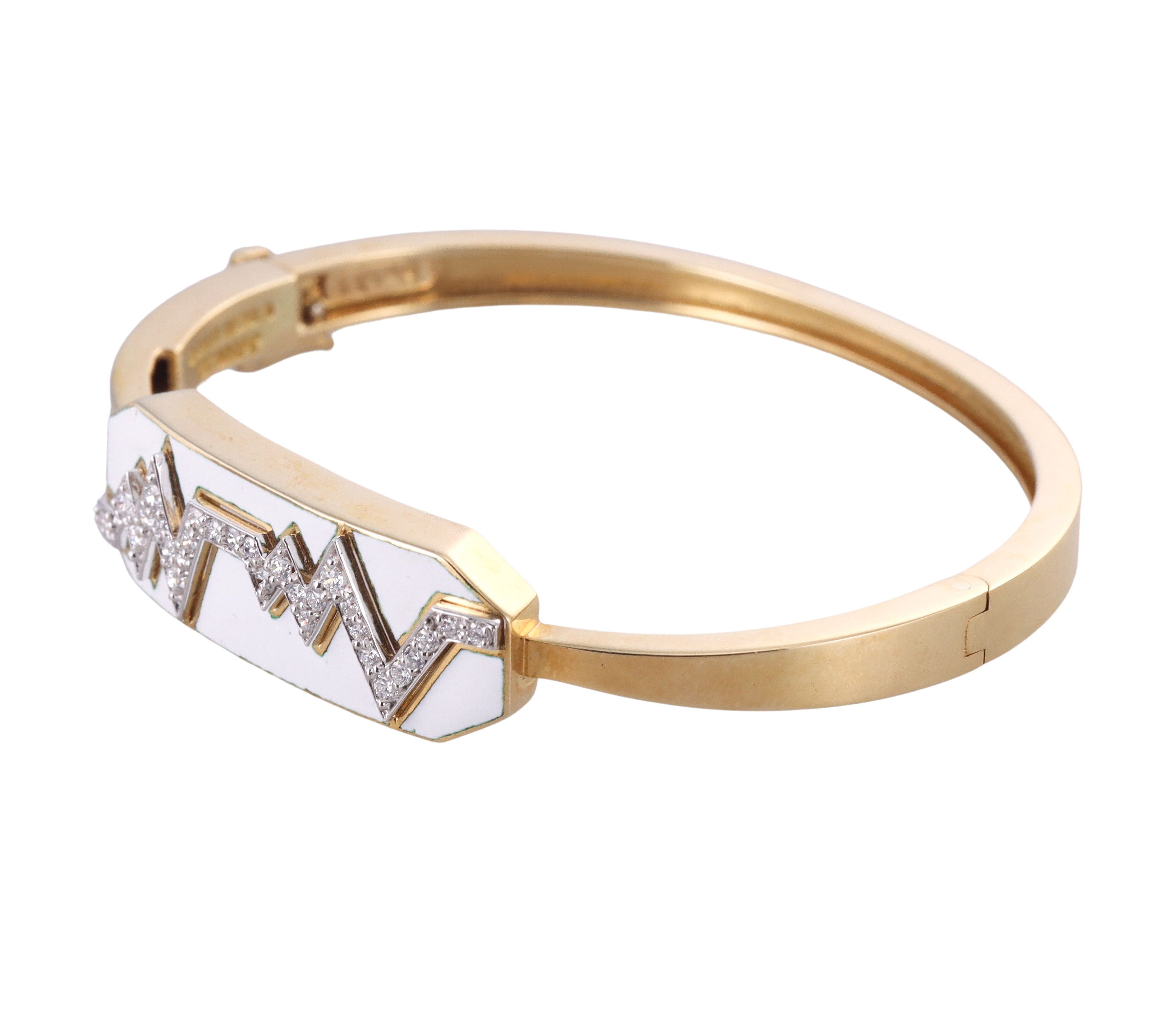 David Webb White Enamel Diamond Gold Platinum Skip Bracelet