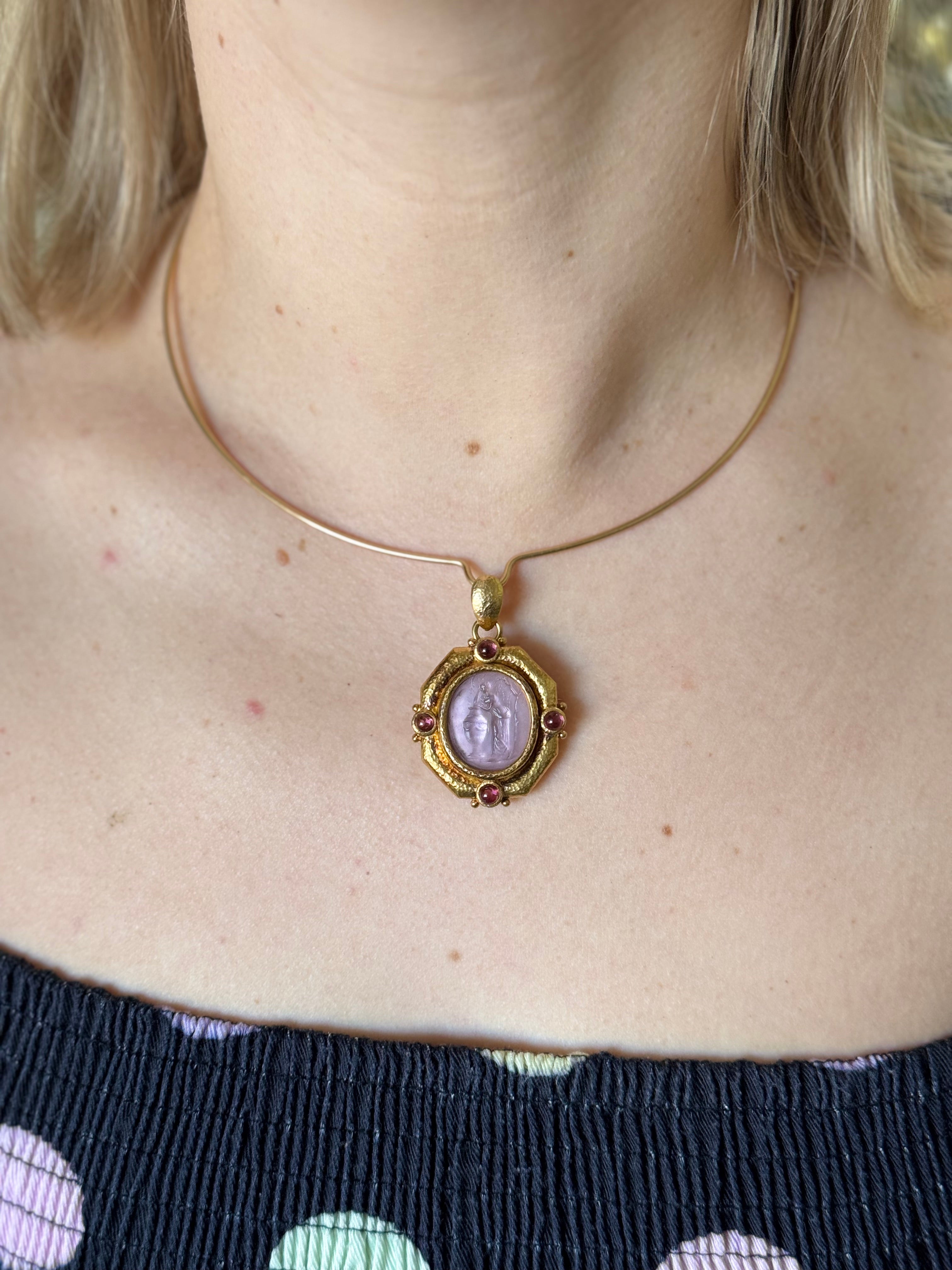 Elizabeth Locke Venetian Glass Intaglio Pink Tourmaline Gold Pendant Brooch