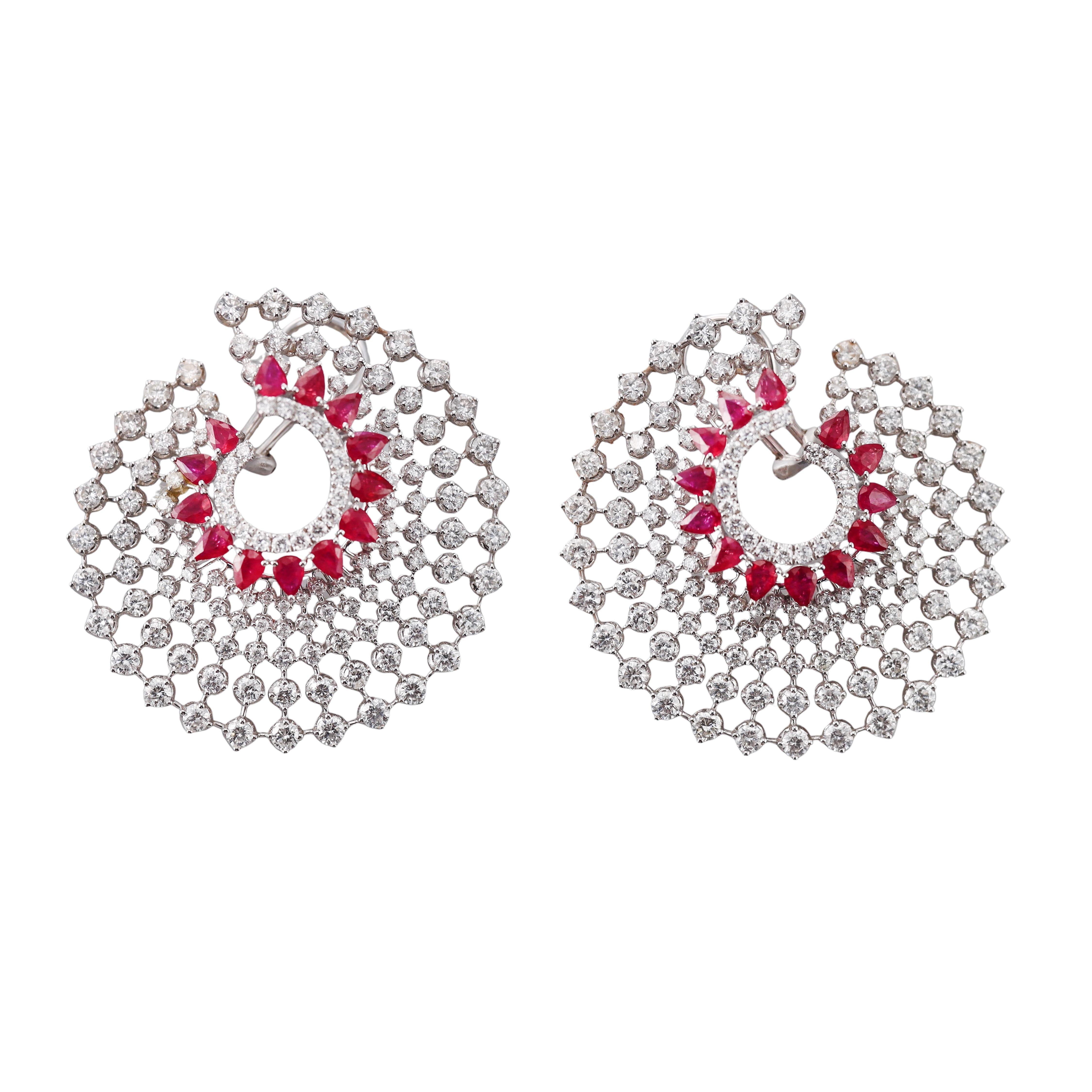 6.40 Carat Diamond Ruby Gold Fan Earrings