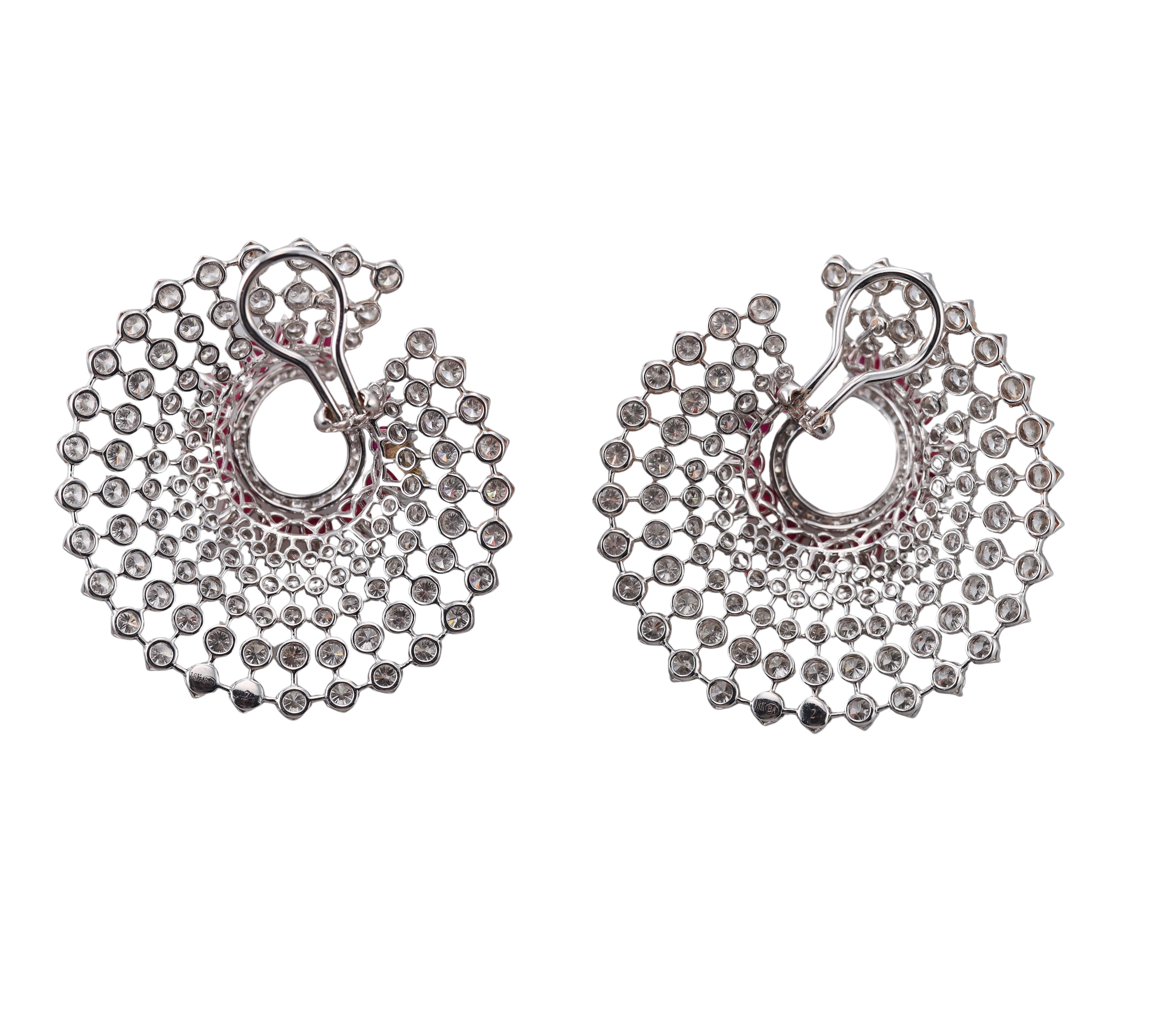 6.40 Carat Diamond Ruby Gold Fan Earrings