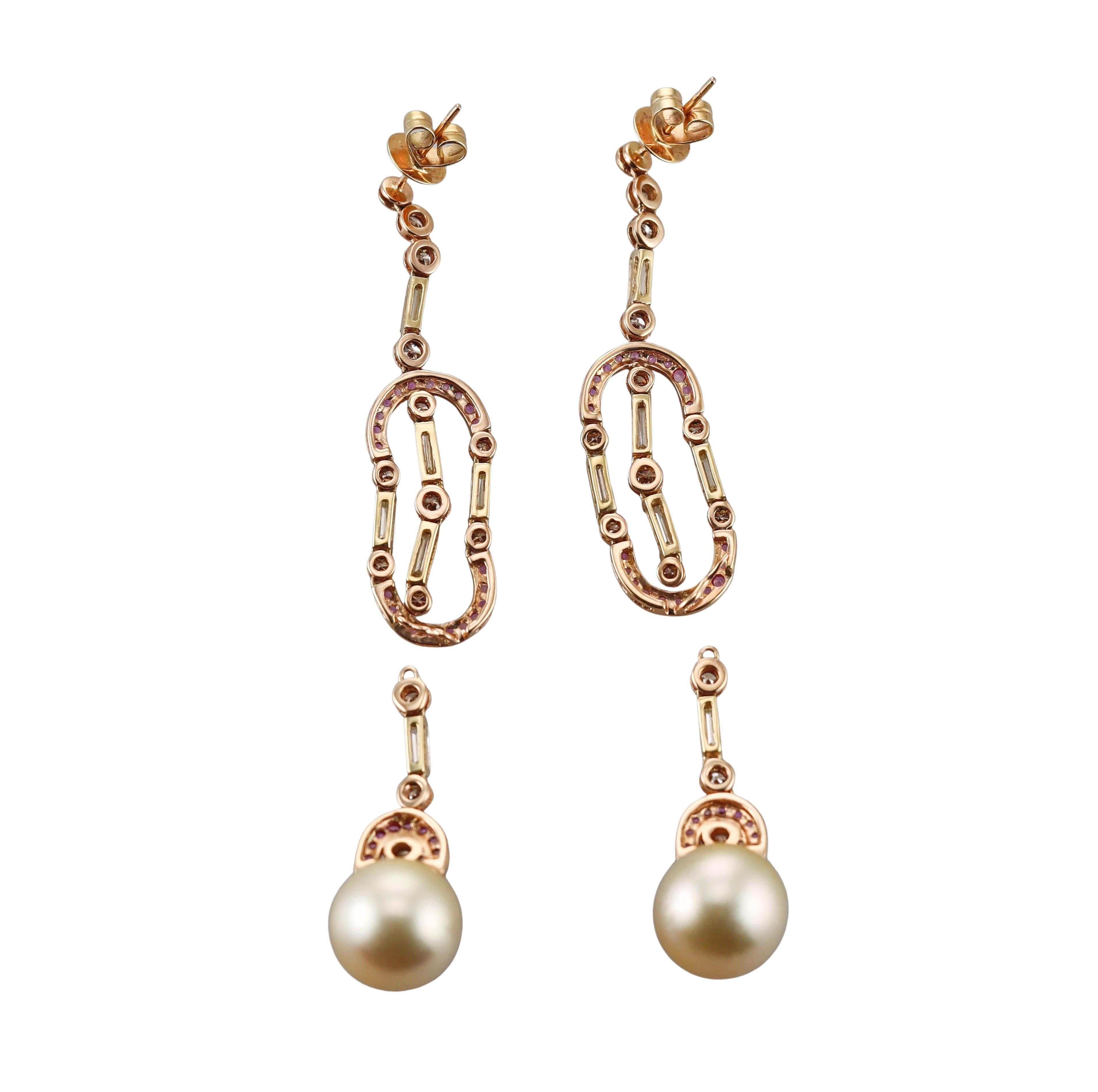 South Sea Pearl Diamond Pink Sapphire Gold Chandelier Night & Day Earrings