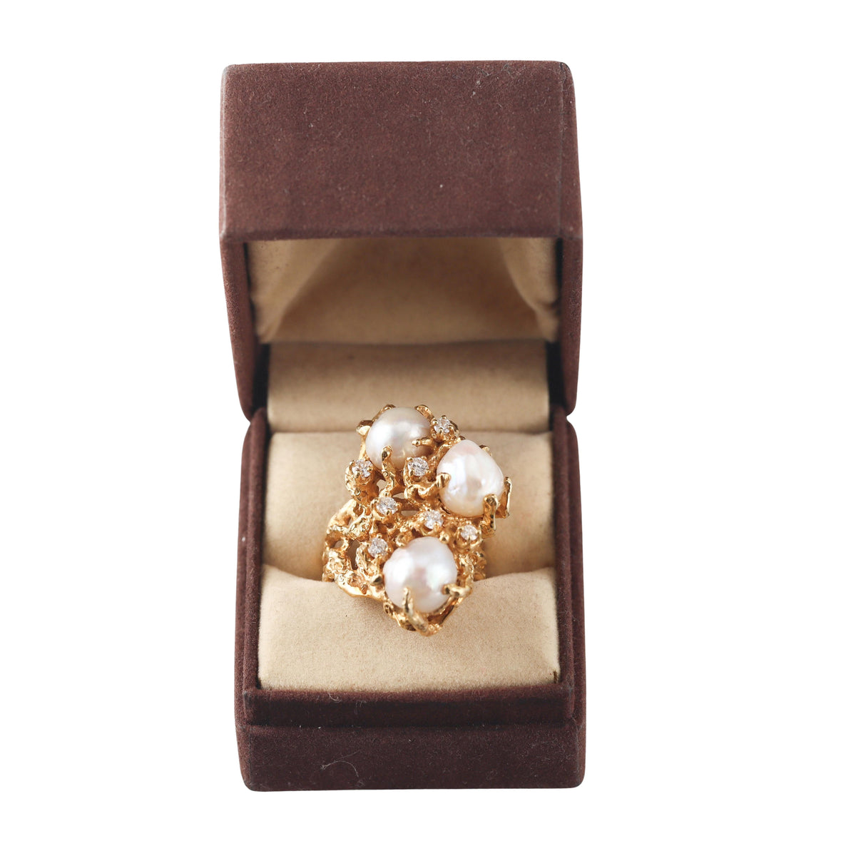 1970s Arthur King Diamond Pearl Gold Ring