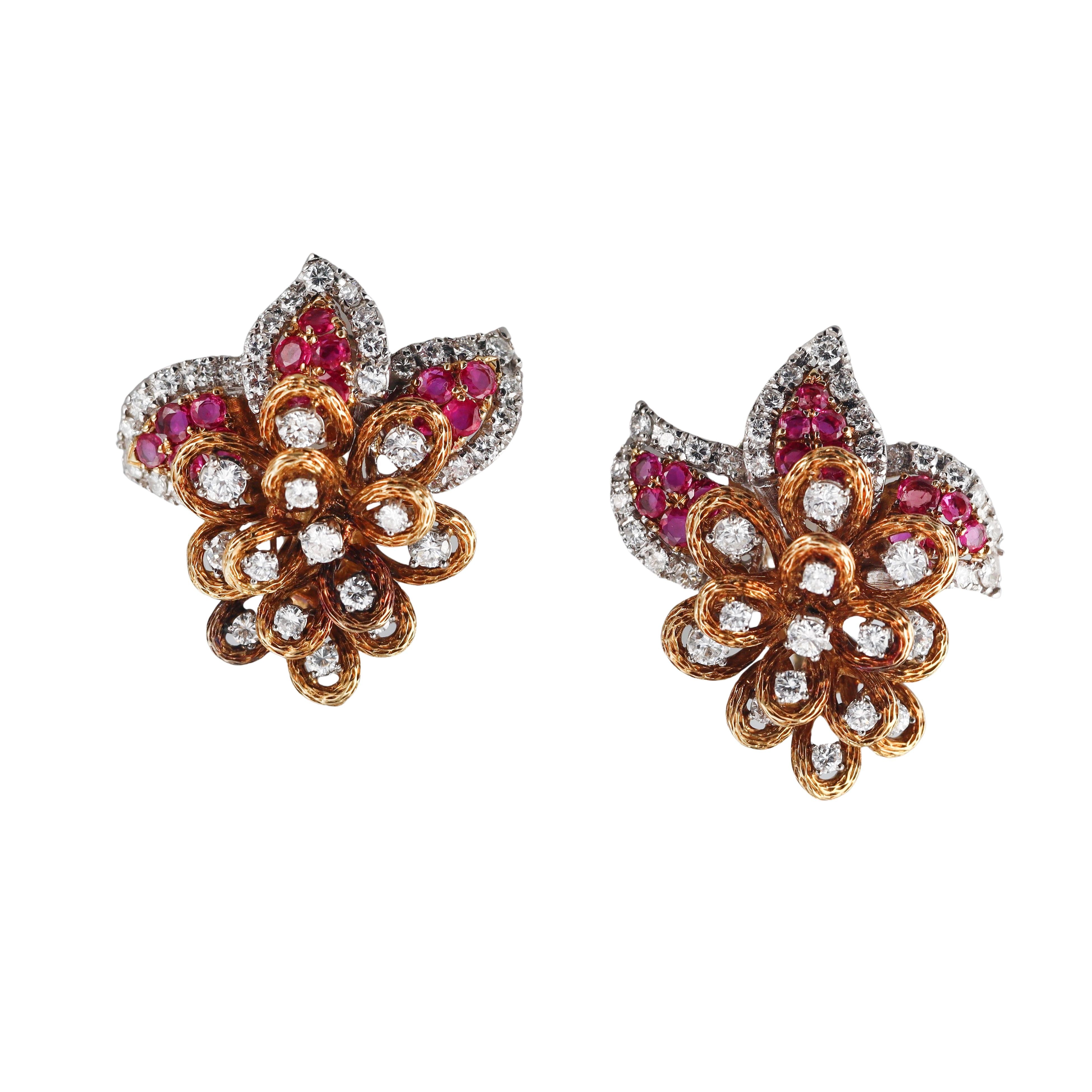 Vintage Gold Ruby Diamond Cocktail Earrings