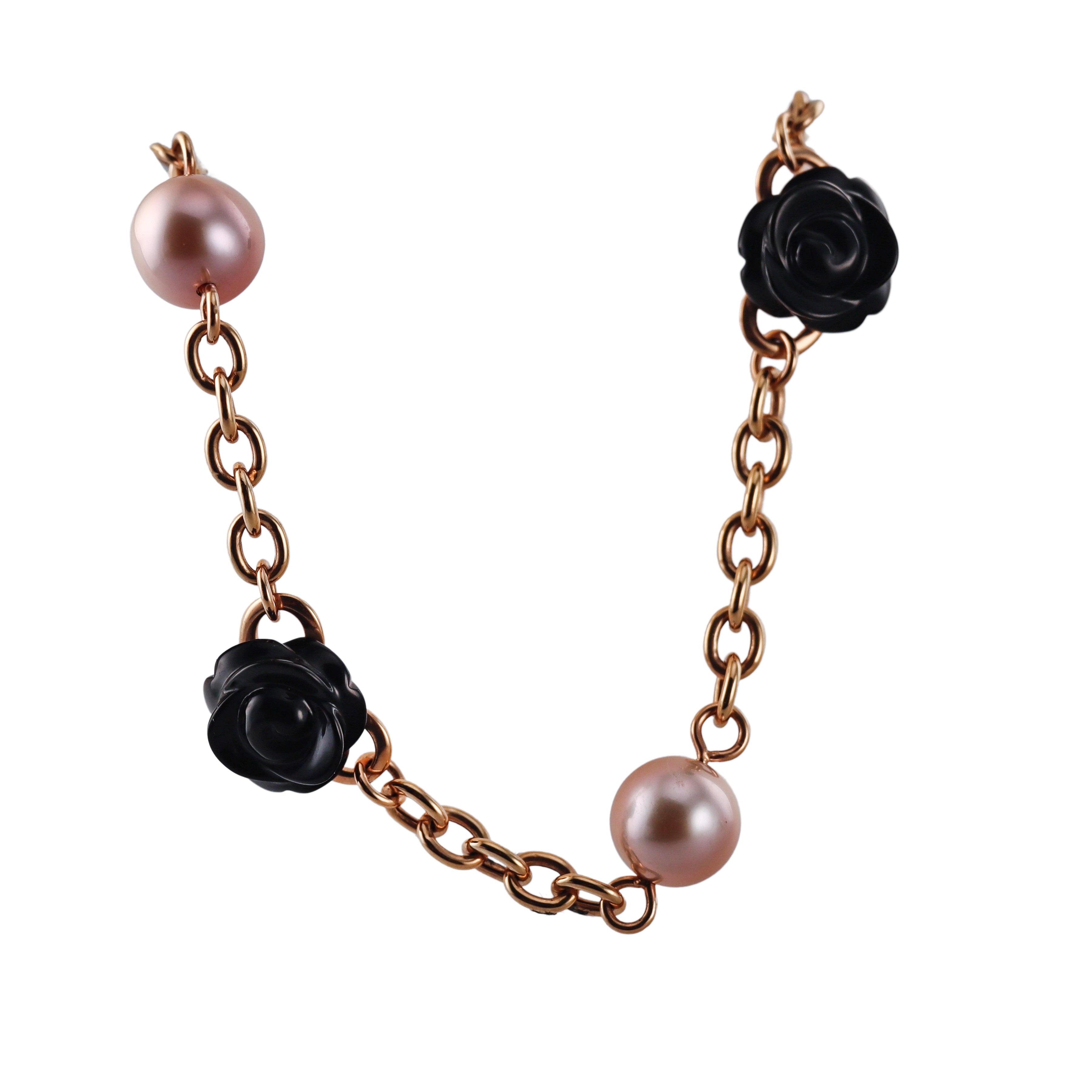 Mimi Milano Grace Black Agate Pearl Gold Rose Flower Necklace