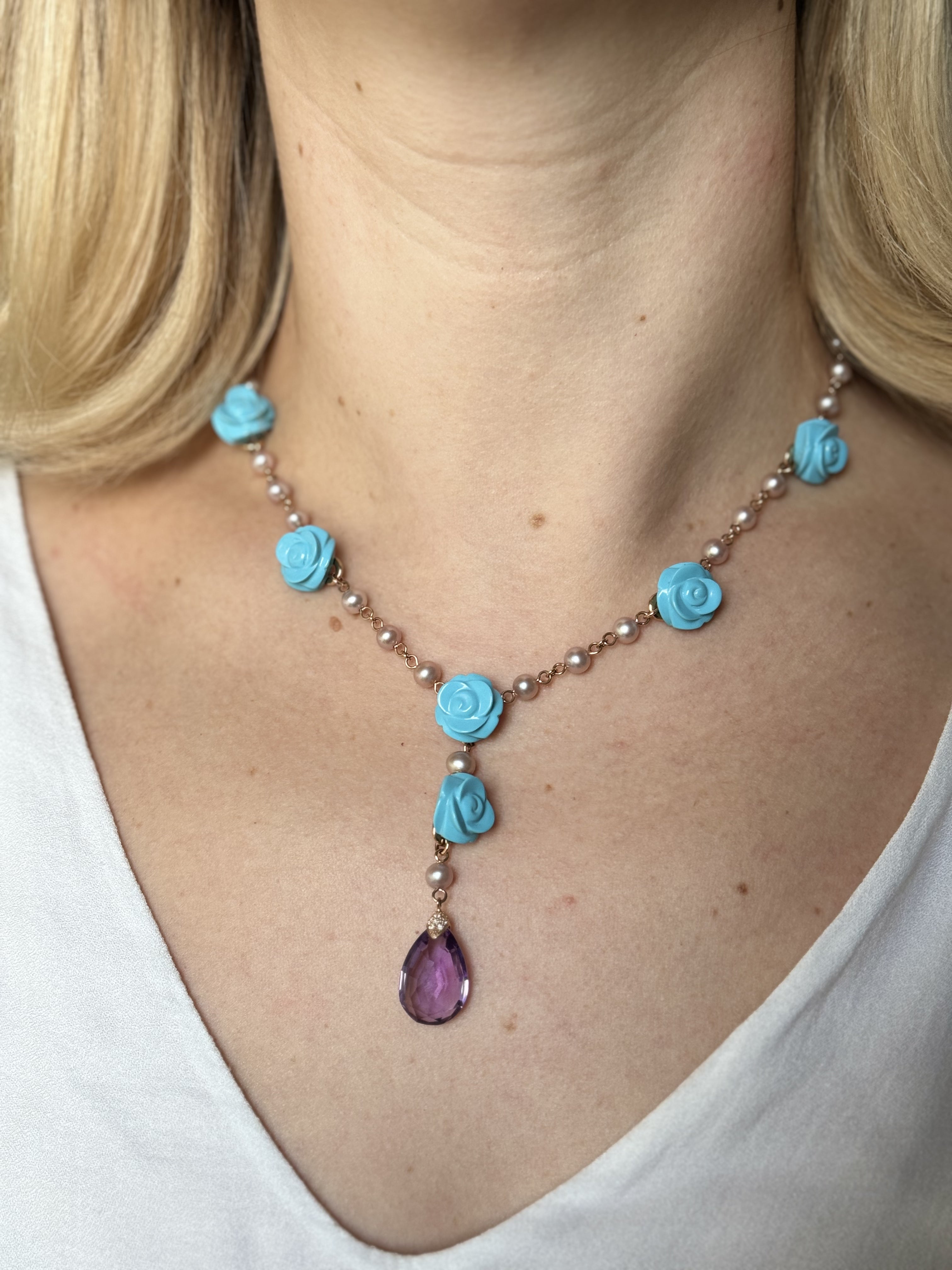 Mimi Milano Grace Turquoise Amethyst Pearl Diamond Gold Pendant Necklace