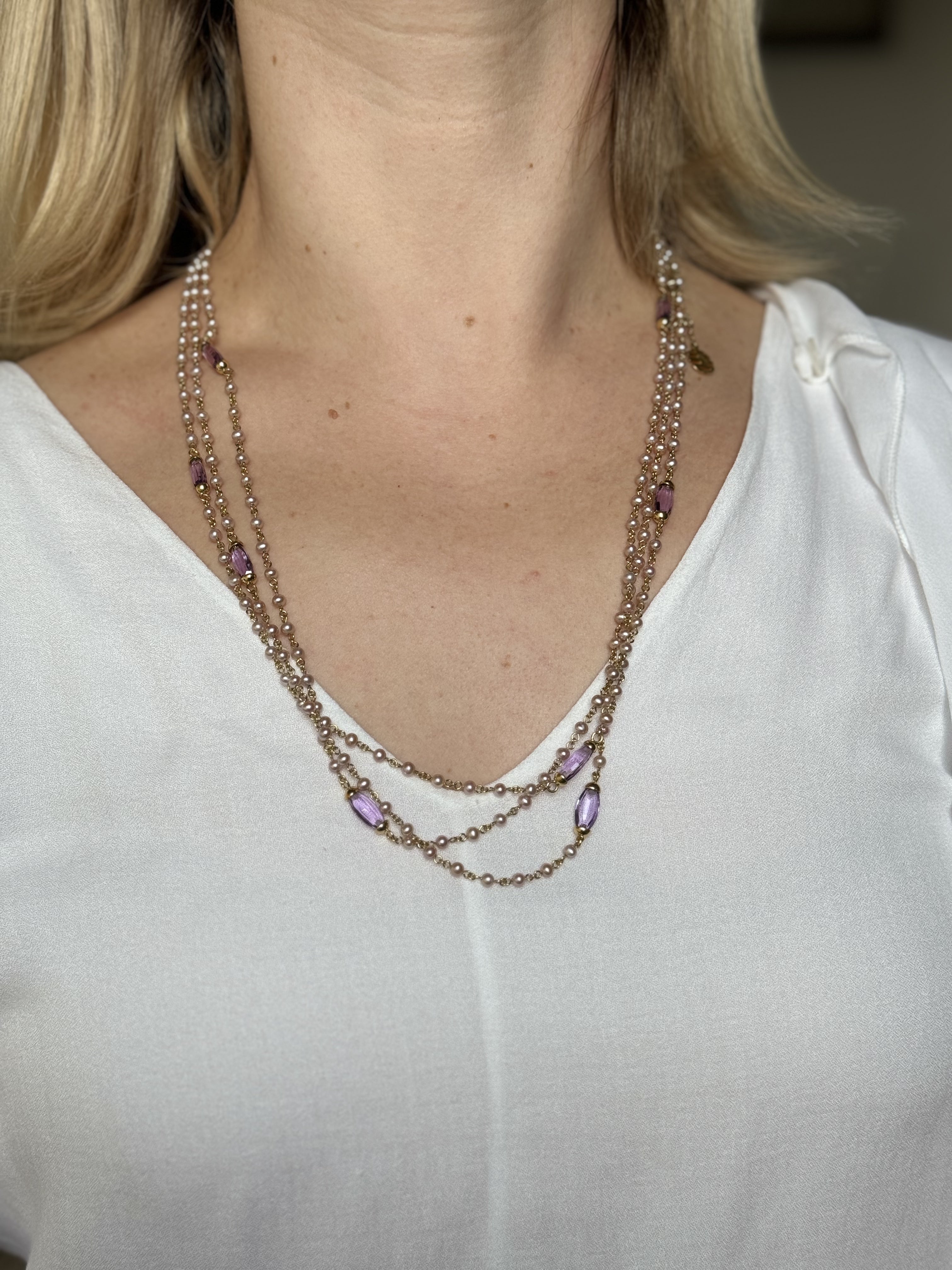 Mimi Milano Nagai Pearl Amethyst Gold Long Necklace