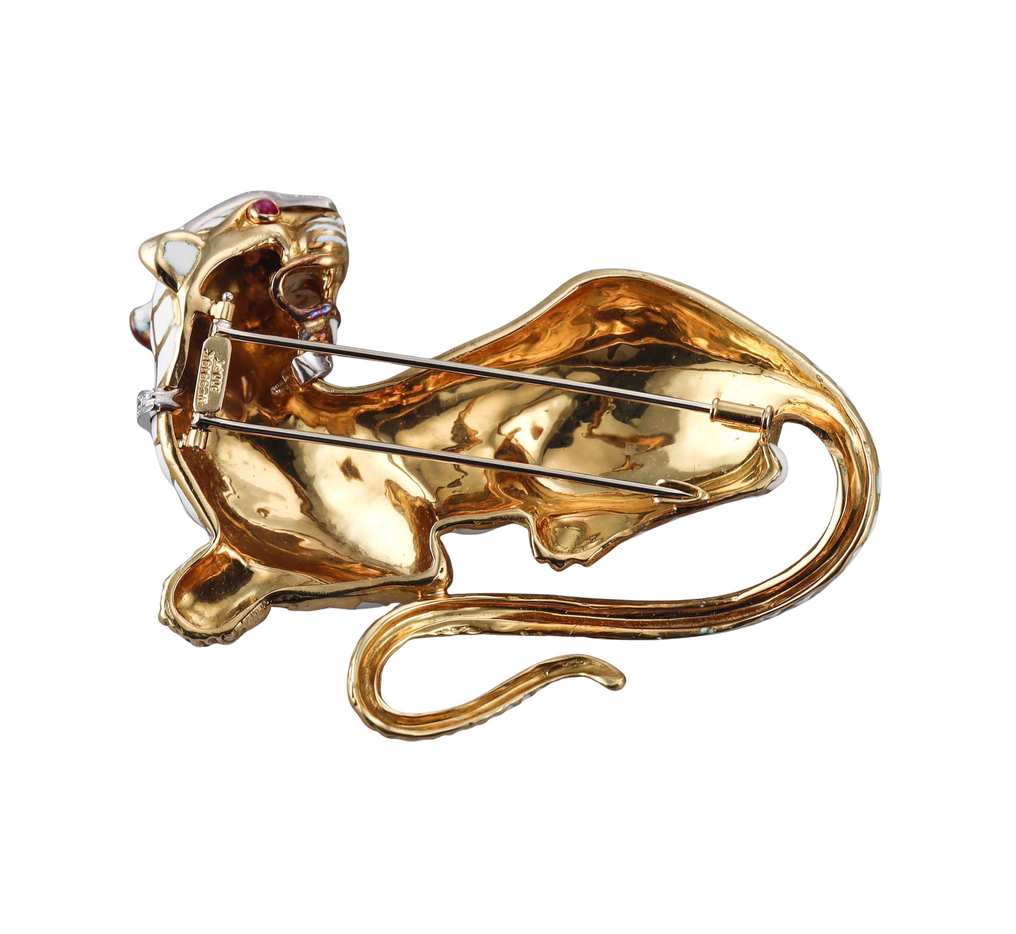 David Webb Kingdom Diamond Ruby Enamel Gold Platinum Panther Brooch