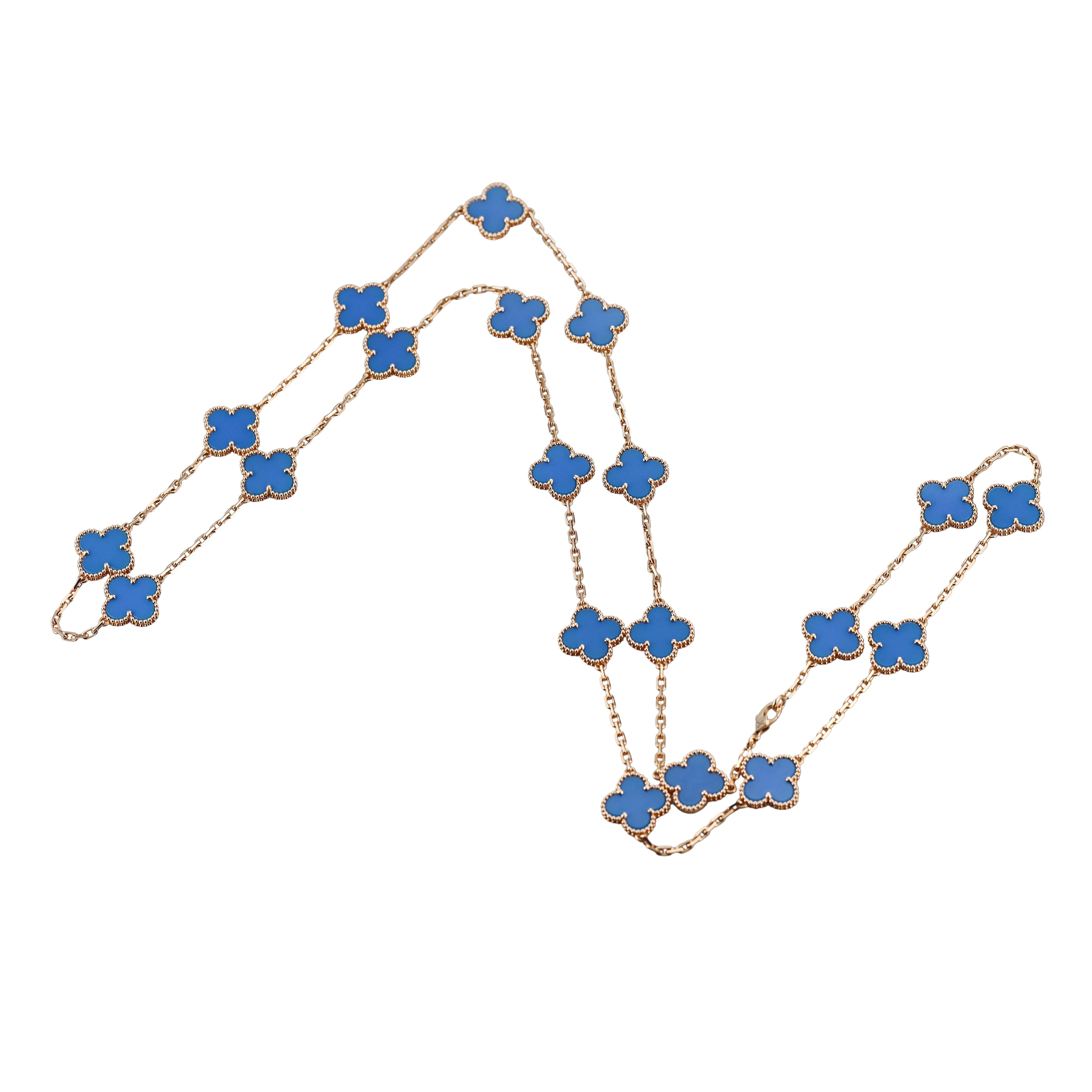 Van Cleef & Arpels Vintage Alhambra 20 Motif Blue Agate Gold Necklace
